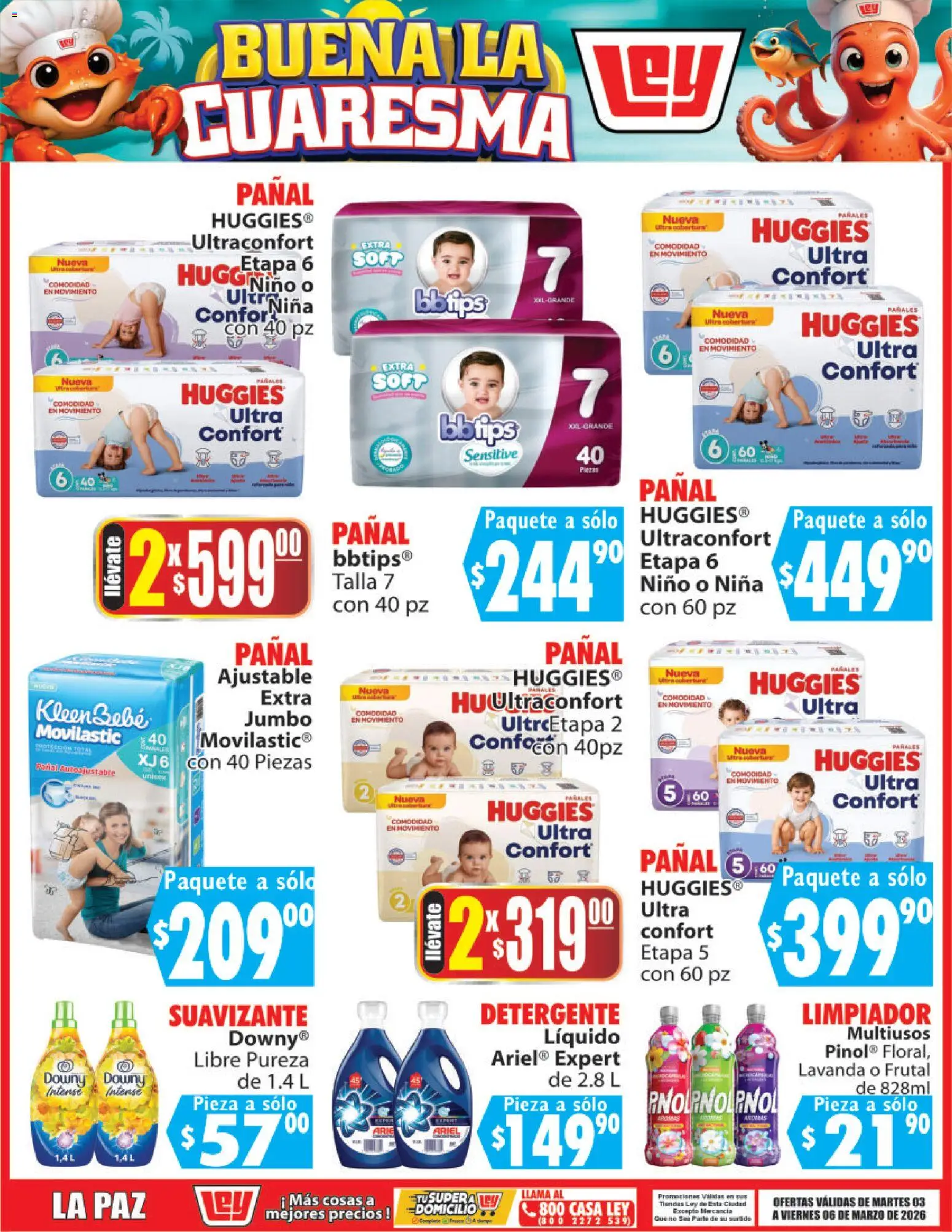 Nuevas ofertas de Casa Ley válidas en toda la República Mexicana desde el 03.03.2026. ¡Encuentra las mejores ofertas en Casa Ley folleto Buena la Cuaresma! | Página: 11 | Productos: Detergente, Suavizante, Limpiador, Pañales