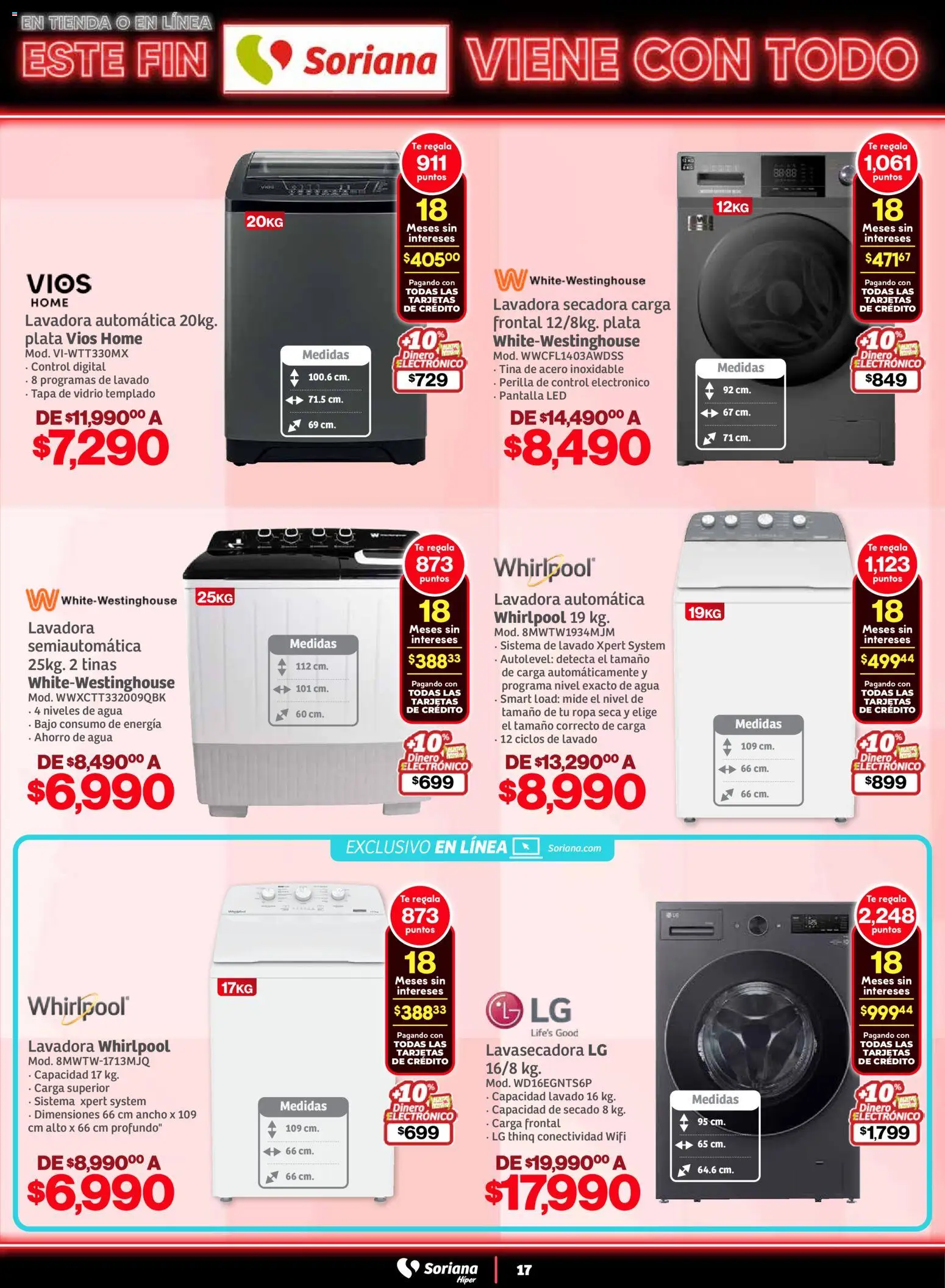 Nuevas ofertas de Soriana válidas en toda la República Mexicana desde el 05.11.2025. ¡Encuentra las mejores ofertas en Soriana - Este fin Soriana viene con todo Híper Nacional! | Página: 17 | Productos: Secadora, Agua, Lavadora, Ropa