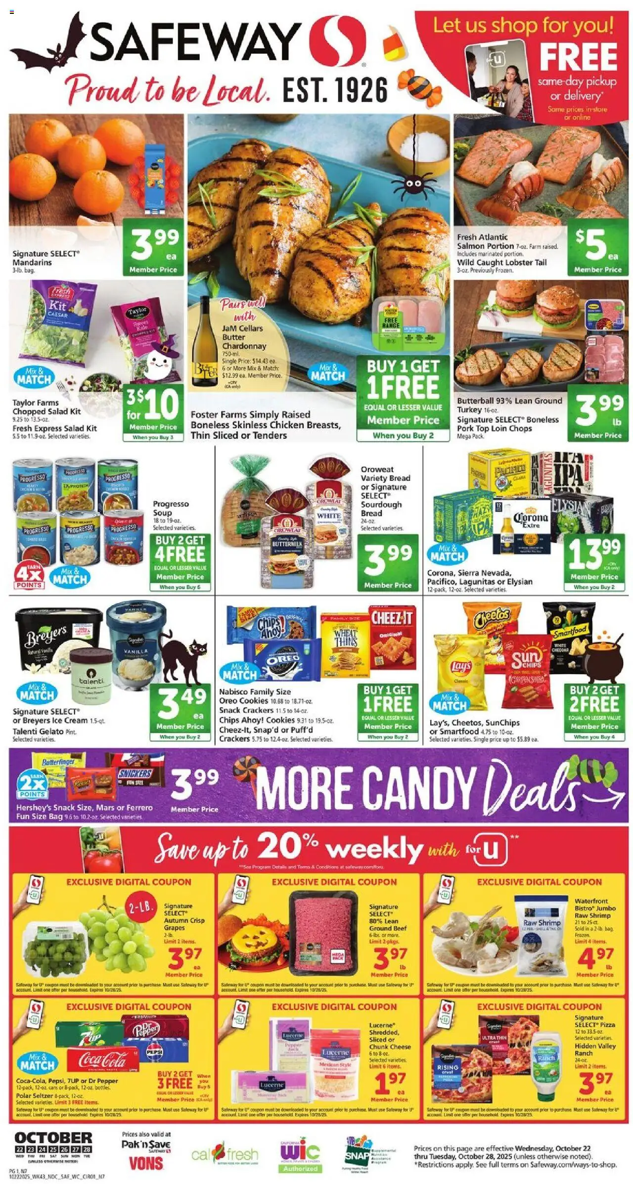 Safeway Weekly Ad - valid from 22.10.2025 | Page: 1 | Products: Mandarins, Bread, Pizza, Cookies