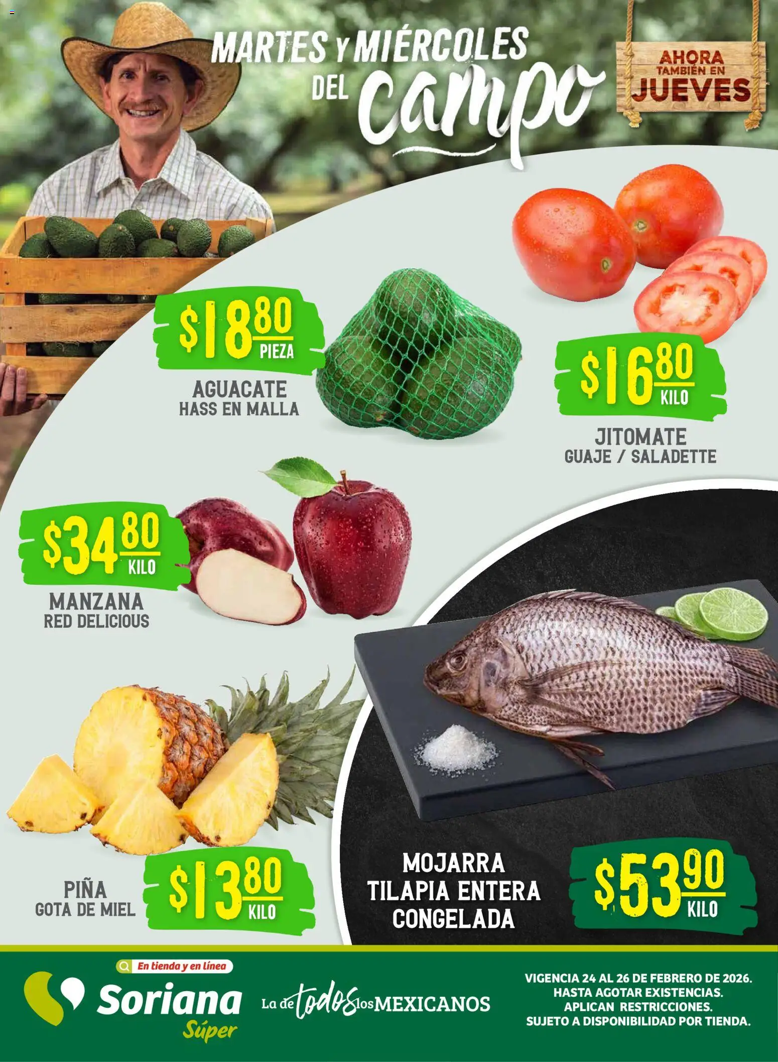 Nuevas ofertas de Soriana válidas en toda la República Mexicana desde el 24.02.2026. ¡Encuentra las mejores ofertas en Soriana - Martes y Miércoles del Campo Súper: Chih, Delicias, Dur y Coah (excepto Saltillo)! | Página: 1 | Productos: Manzana, Aguacate, Piña, Malla