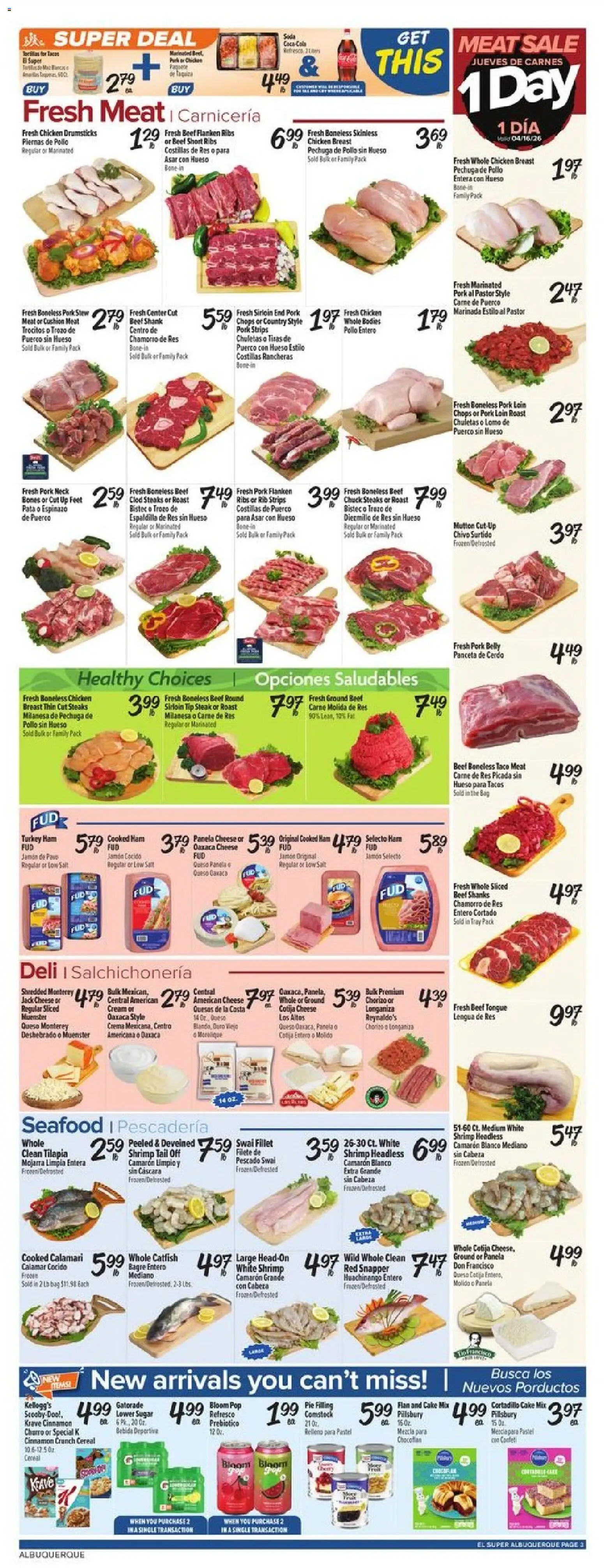 El Super Weekly Ad - NM - valid from 15.04.2026 | Page: 3 | Products: Pork, Beef, Sugar, Seafood