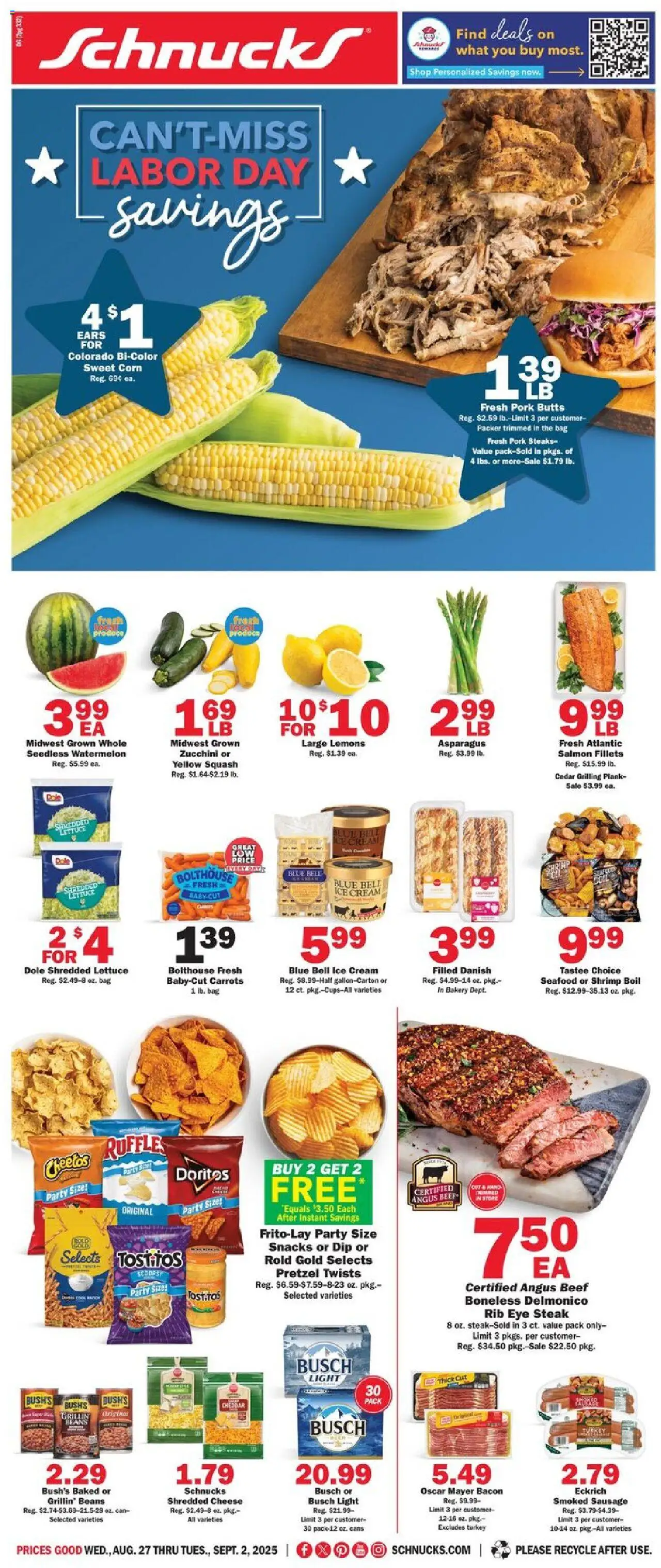 Schnucks Weekly Print Ad - MO - valid from 27.08.2025 | Page: 1 | Products: Lettuce, Squash, Cheese, Bag