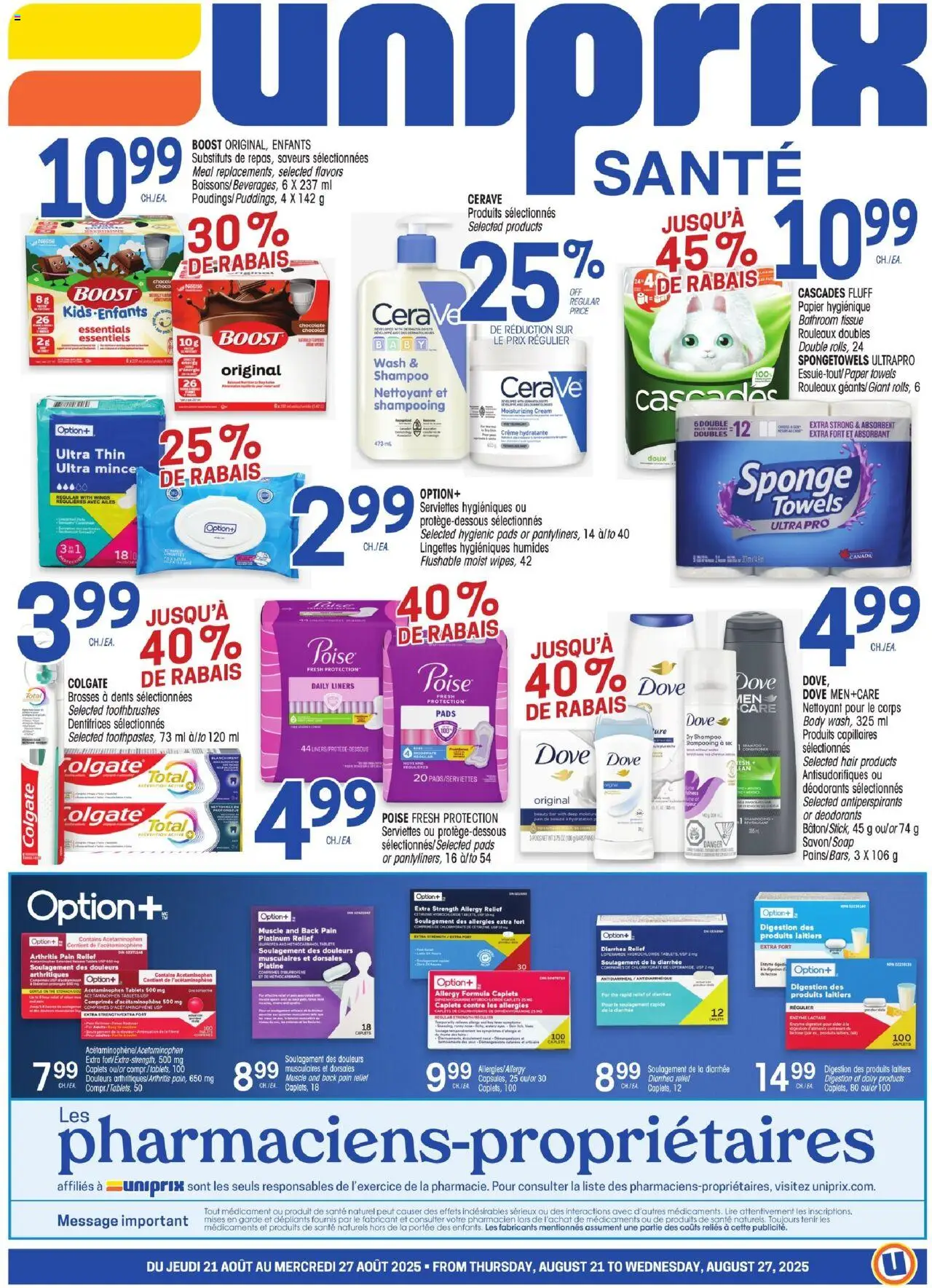 Uniprix flyer valid from 21.08.2025 | Page: 1 | Products: Cream, Sponge, Shampoo, Chocolate