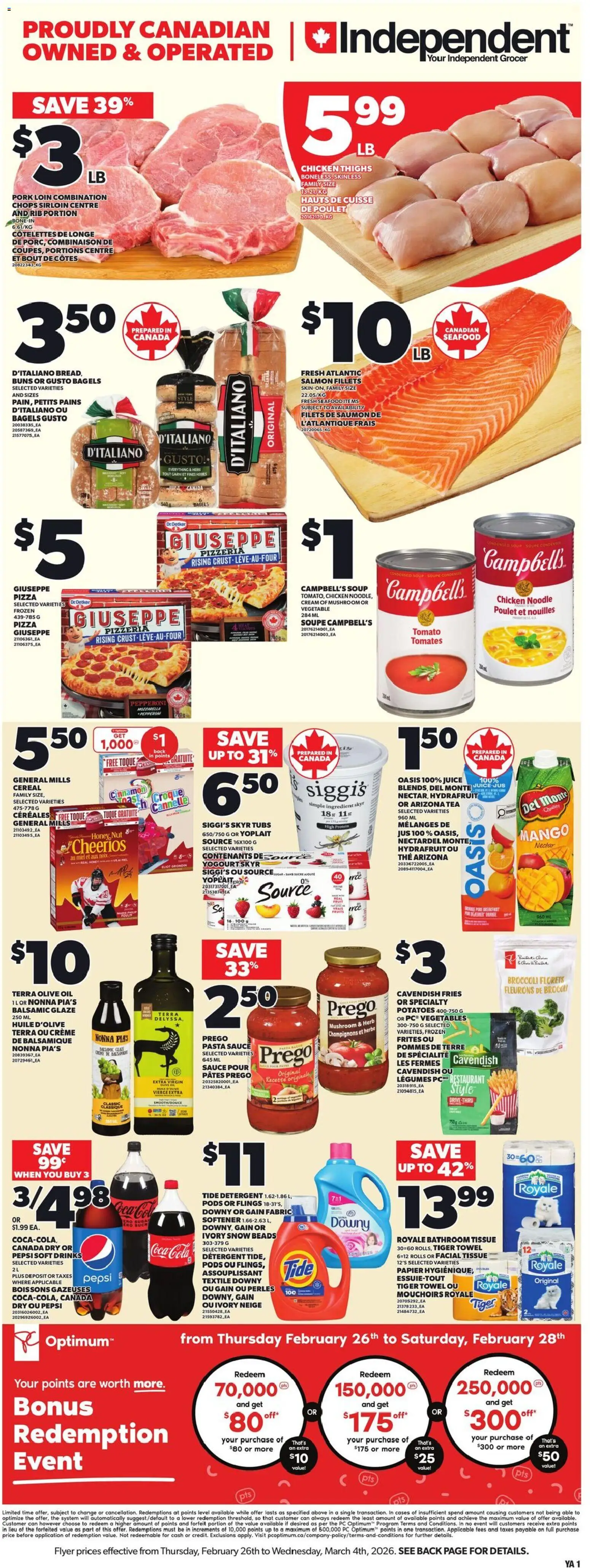 Independent Grocer flyer valid from 26.02.2026 | Page: 1 | Products: Pasta, Cream, Detergent, Oil