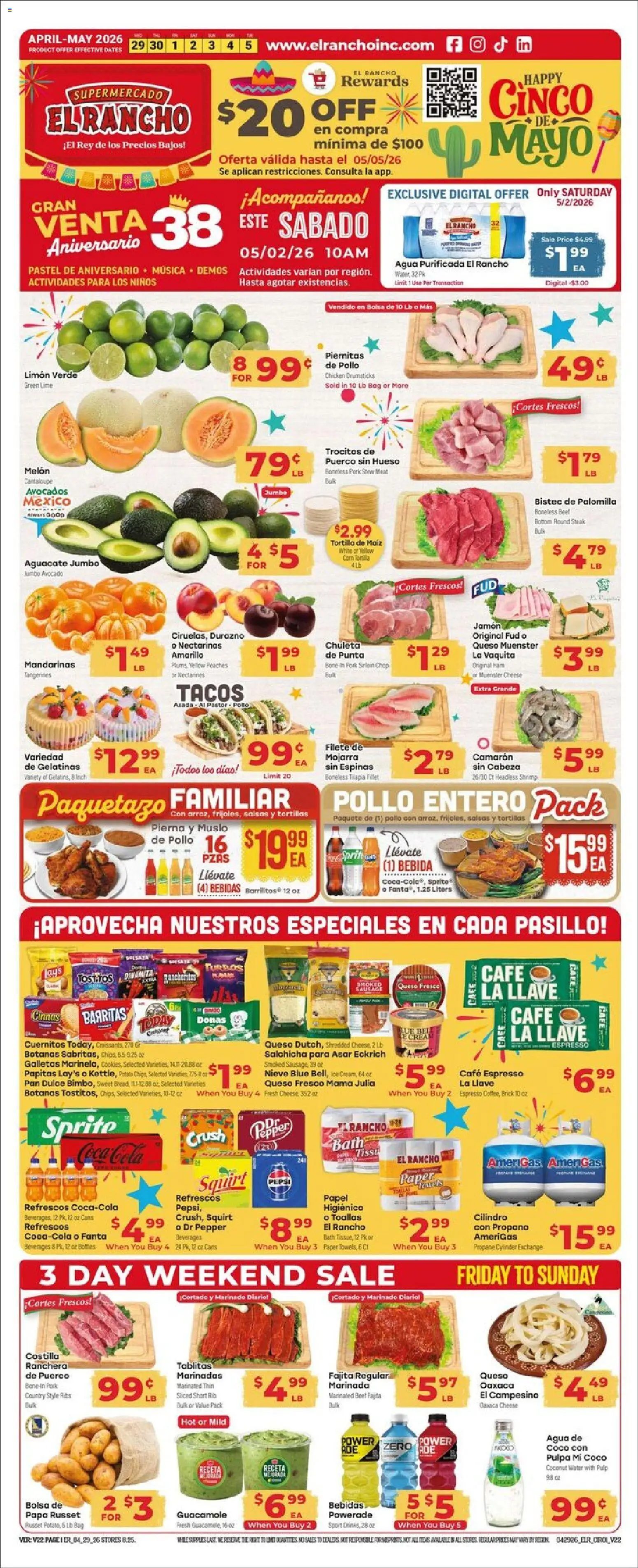 El Rancho Weekly Ad - valid from 29.04.2026 | Page: 1 | Products: Bath, Pork, Water, Lime