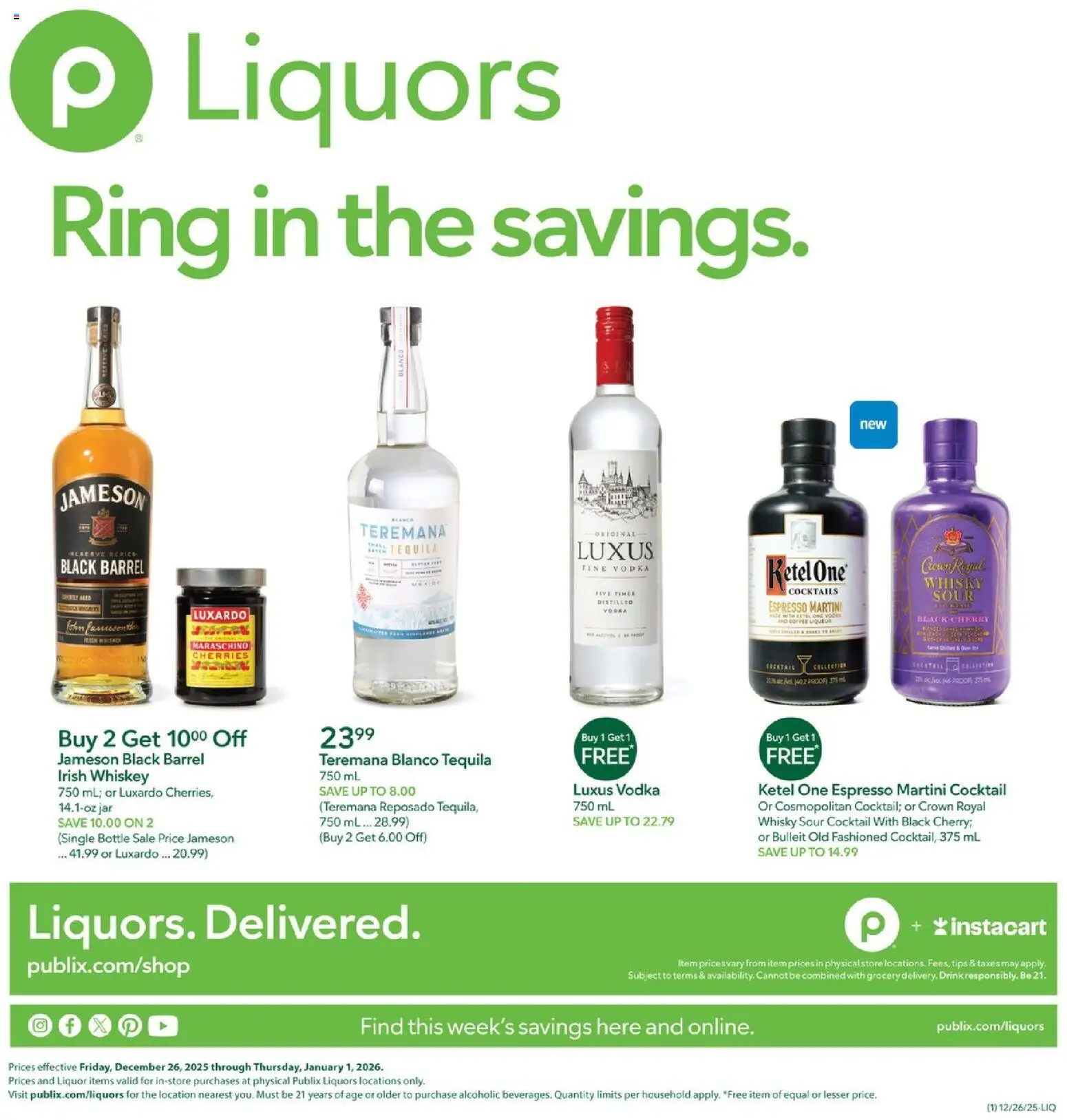 Publix Liquor - valid from 26.12.2025 | Page: 1 | Products: Cherries, Ring, Vodka, Whiskey