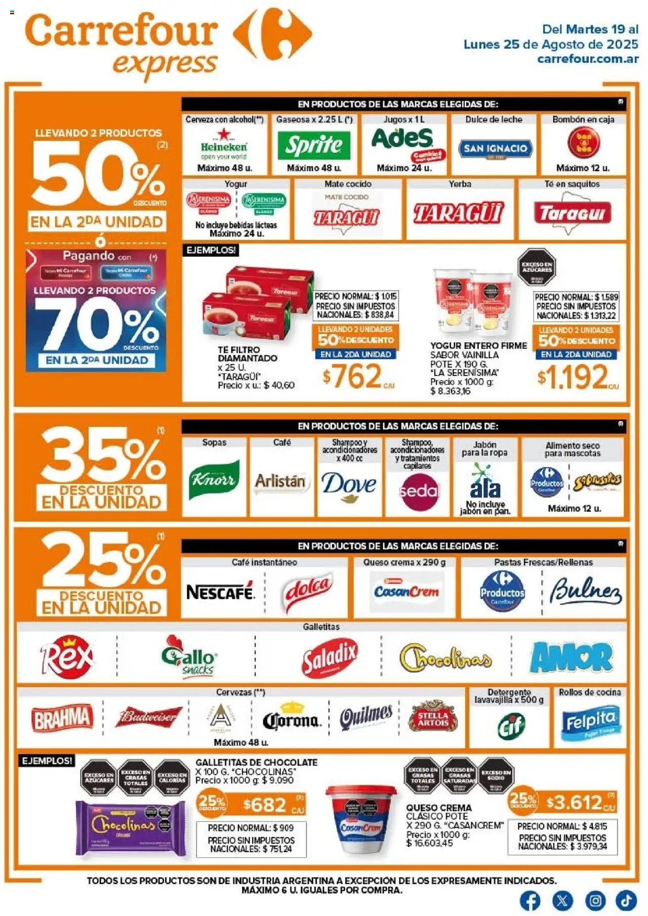 Carrefour ofertas Express │ válido desde el 19.08.2025 | Página: 1 | Productos: Galletitas, Shampoo, Queso crema, Detergente