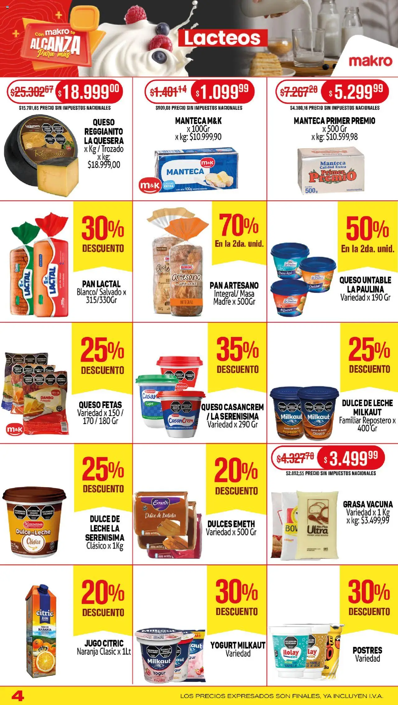 Makro ofertas │ válido desde el 05.06.2025 | Página: 4 | Productos: Leche, Yogur, Pan, Jugo