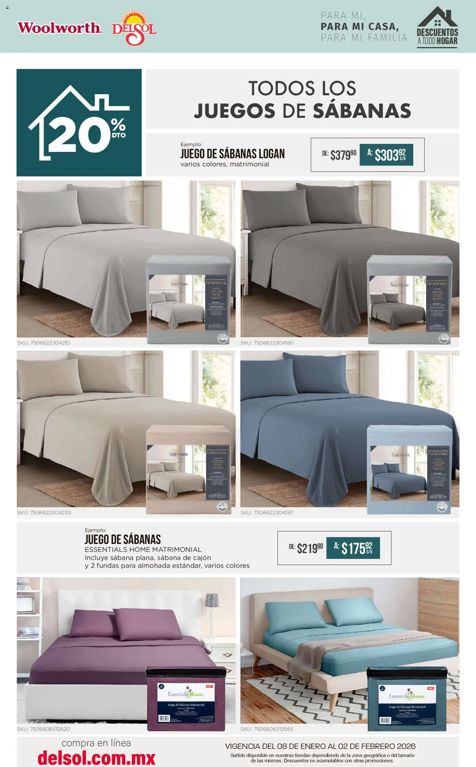 Nuevas ofertas de Del Sol y Woolworth válidas en toda la República Mexicana desde el 08.01.2026. ¡Encuentra las mejores ofertas en Del Sol y Woolworth catálogo Para mí, para mi casa, para mi familia! | Página: 19 | Productos: Juego, Almohada, Sabanas