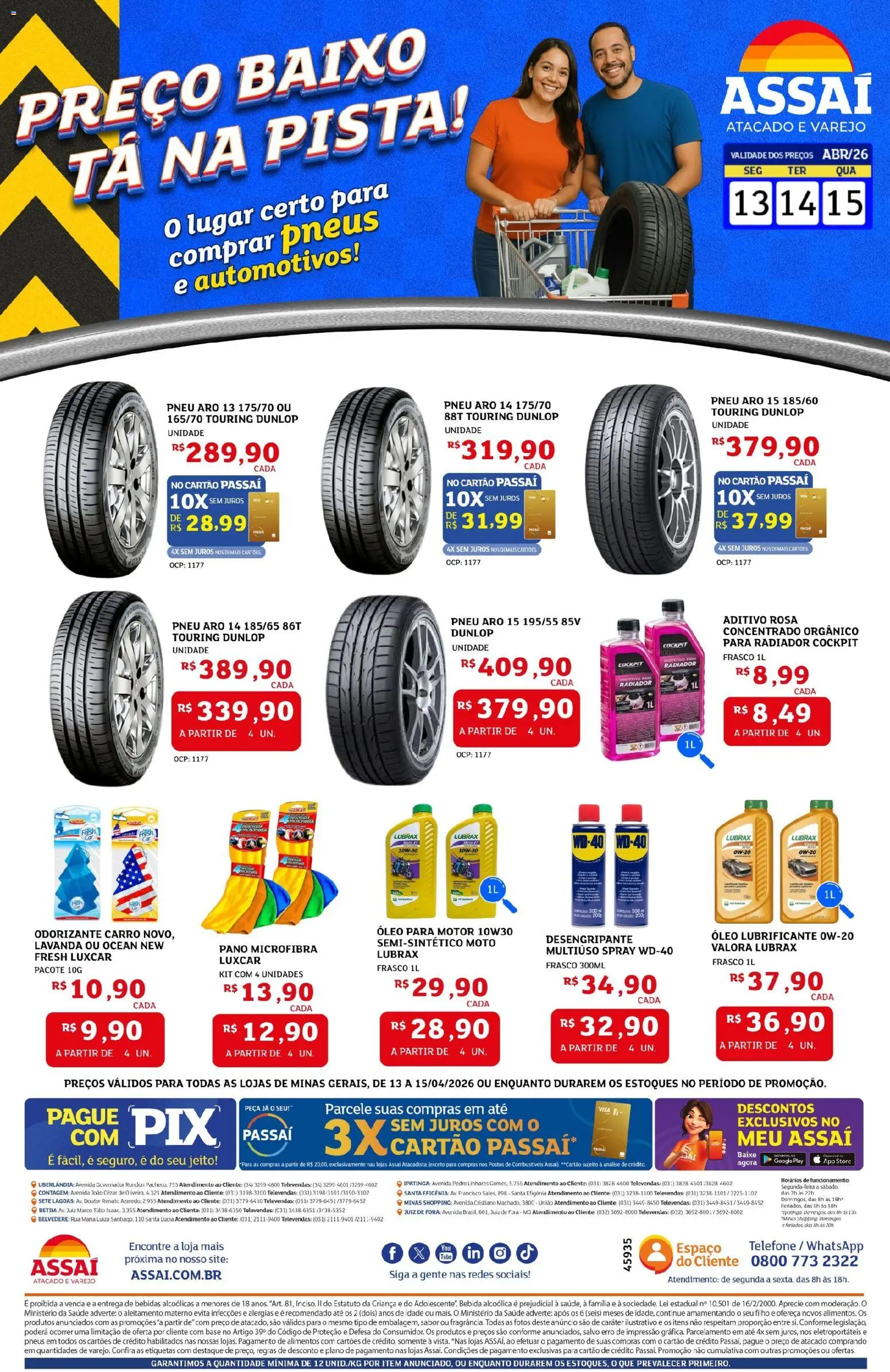 Assaí Atacadista Folheto - válido de 13.04.2026 | Página: 1 | Produtos: Radiador, Óleo, Pneus, Telefone