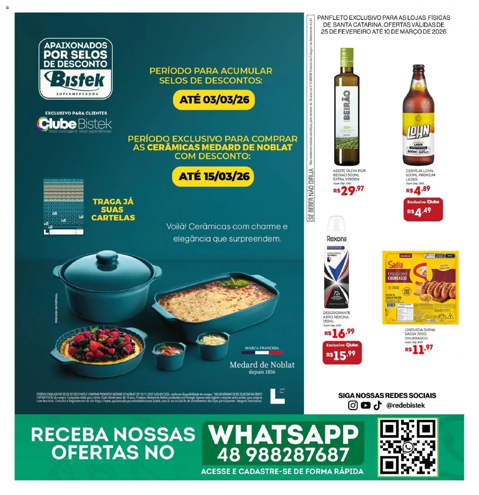Bistek Supermercados Folheto - válido de 25.02.2026 | Página: 1 | Produtos: Desodorante, Linguiça, Cerveja, Azeite