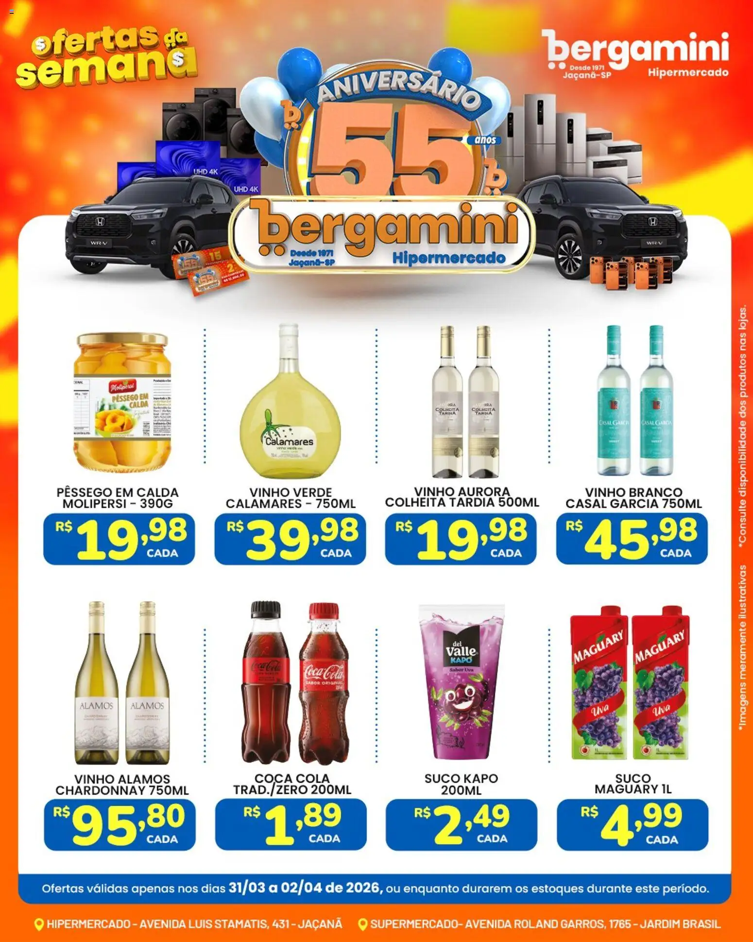 Supermercado Bergamini Folheto - válido de 31.03.2026 | Página: 8 | Produtos: Pêssego, Cola, Suco, Vinho