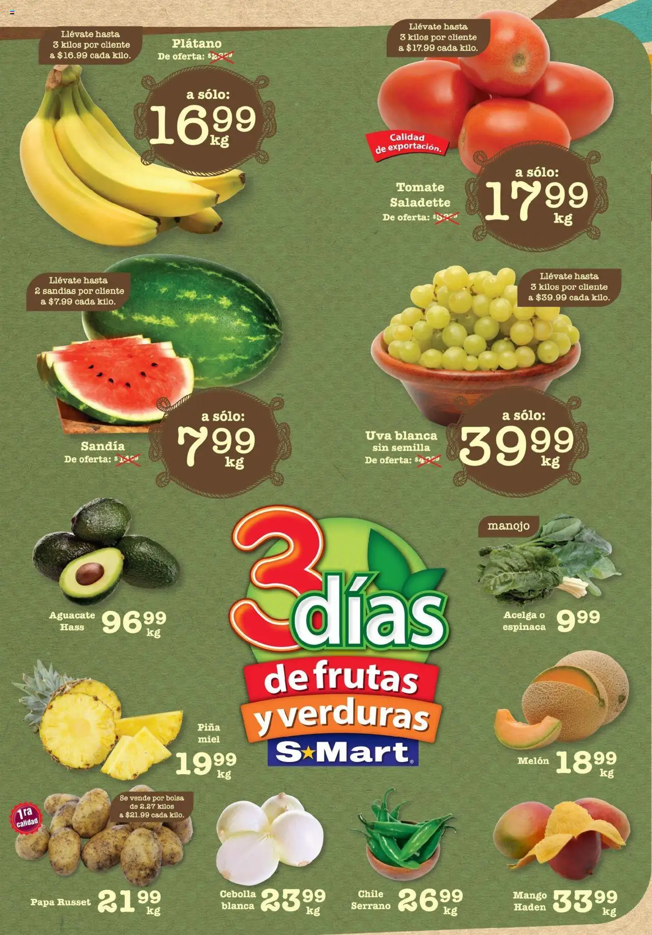 Nuevas ofertas de S-Mart válidas en toda la República Mexicana desde el 15.07.2025. ¡Encuentra las mejores ofertas en S-Mart - Folleto - Monterrey! | Página: 1 | Productos: Acelga, Papa, Mango, Aguacate