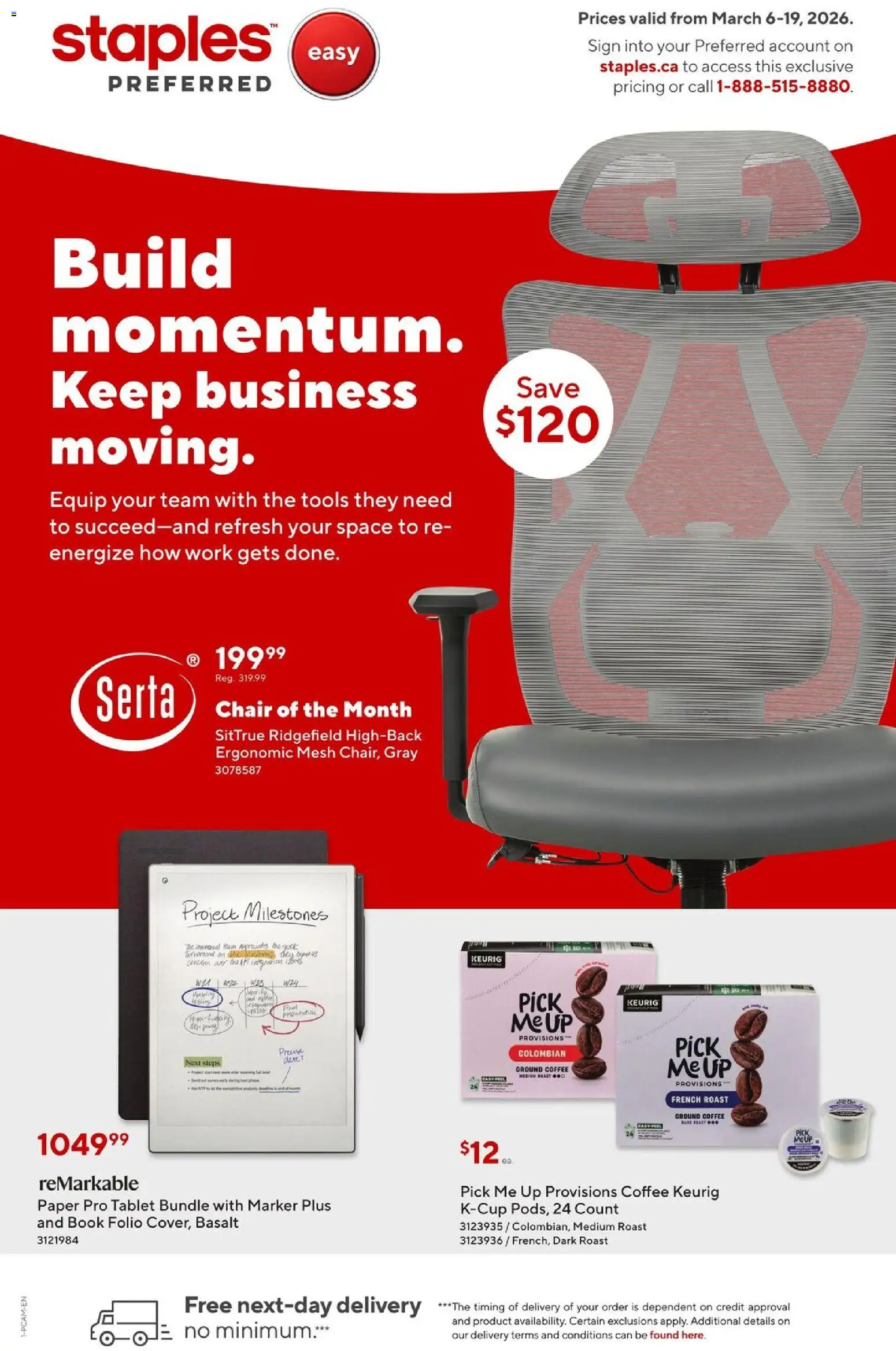 Staples flyer valid from 06.03.2026 | Page: 1 | Products: Tablet, Chair, Coffee