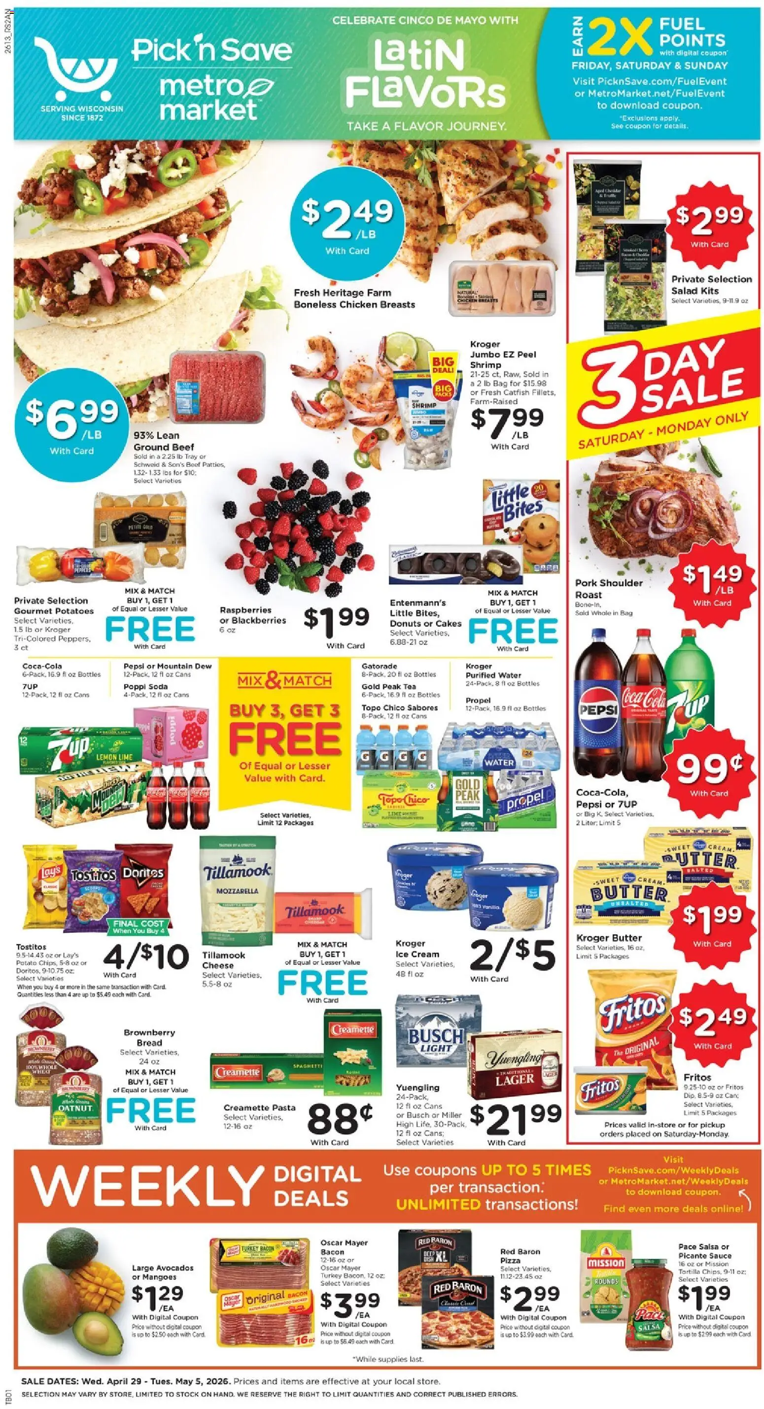 Pick ‘n Save Weekly Ad - valid from 29.04.2026 | Page: 1 | Products: Cheese, Beef, Salad, Water