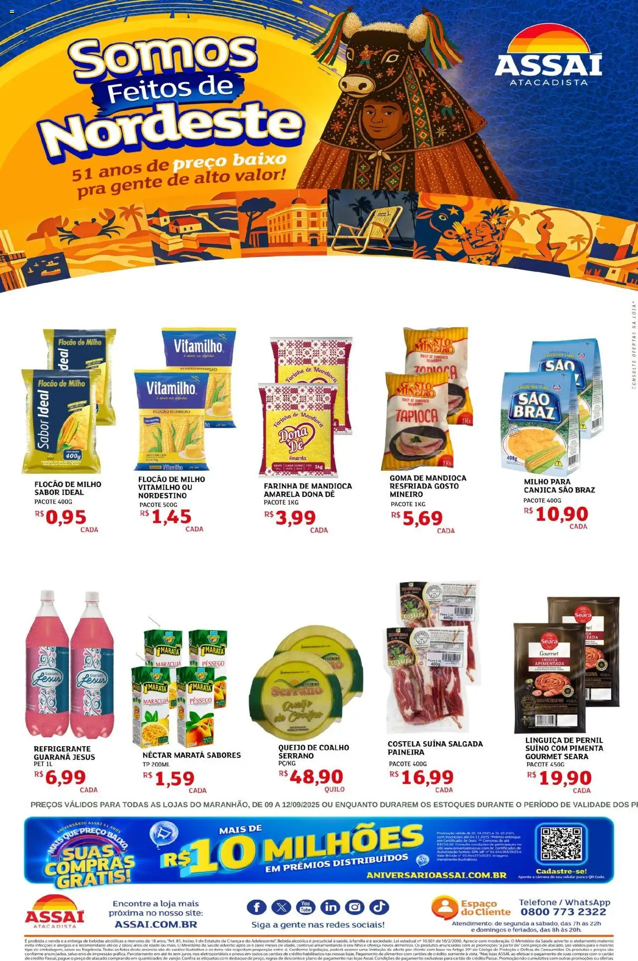 Assaí Atacadista Folheto - válido de 09.10.2025 | Página: 1 | Produtos: Guaraná, Farinha de mandioca, Base, Telefone