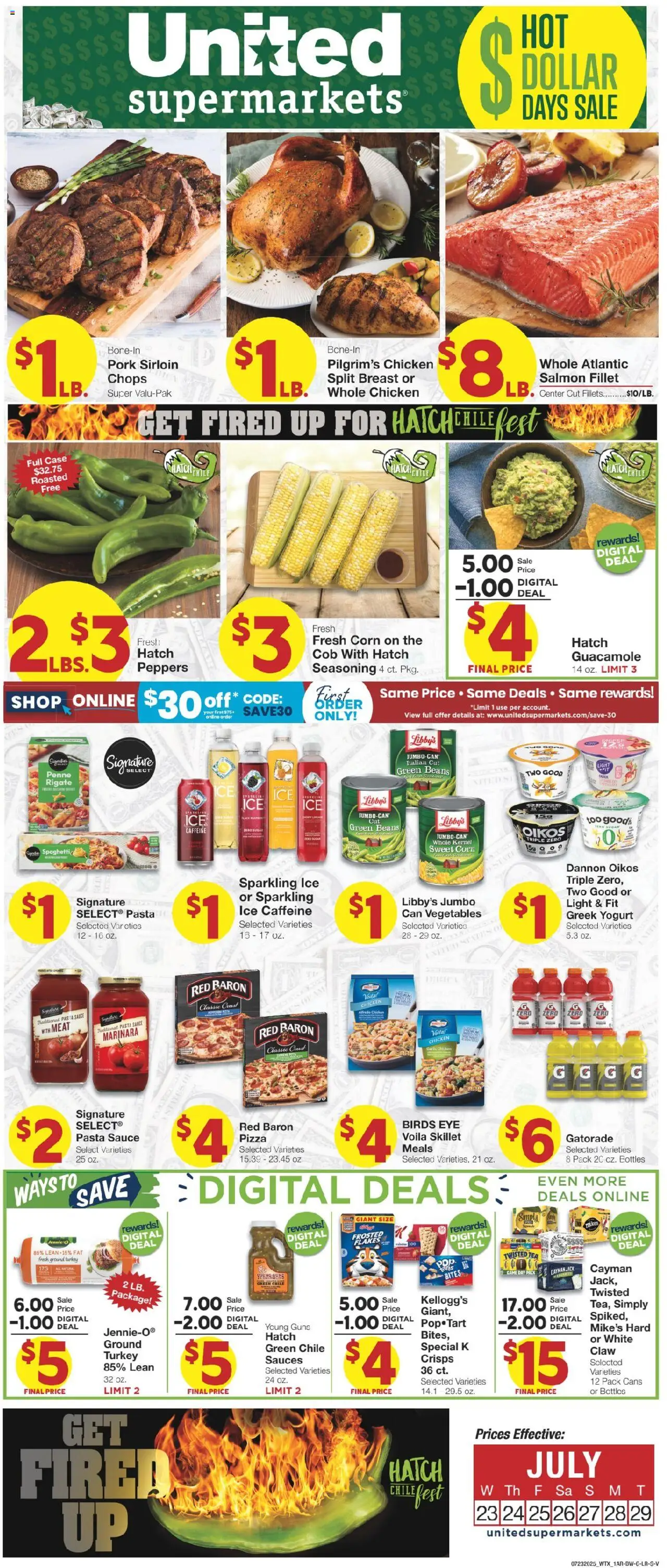 United Supermarkets Weekly Ad - valid from 23.07.2025 | Page: 1 | Products: Corn, Peppers, Yogurt, Sauce