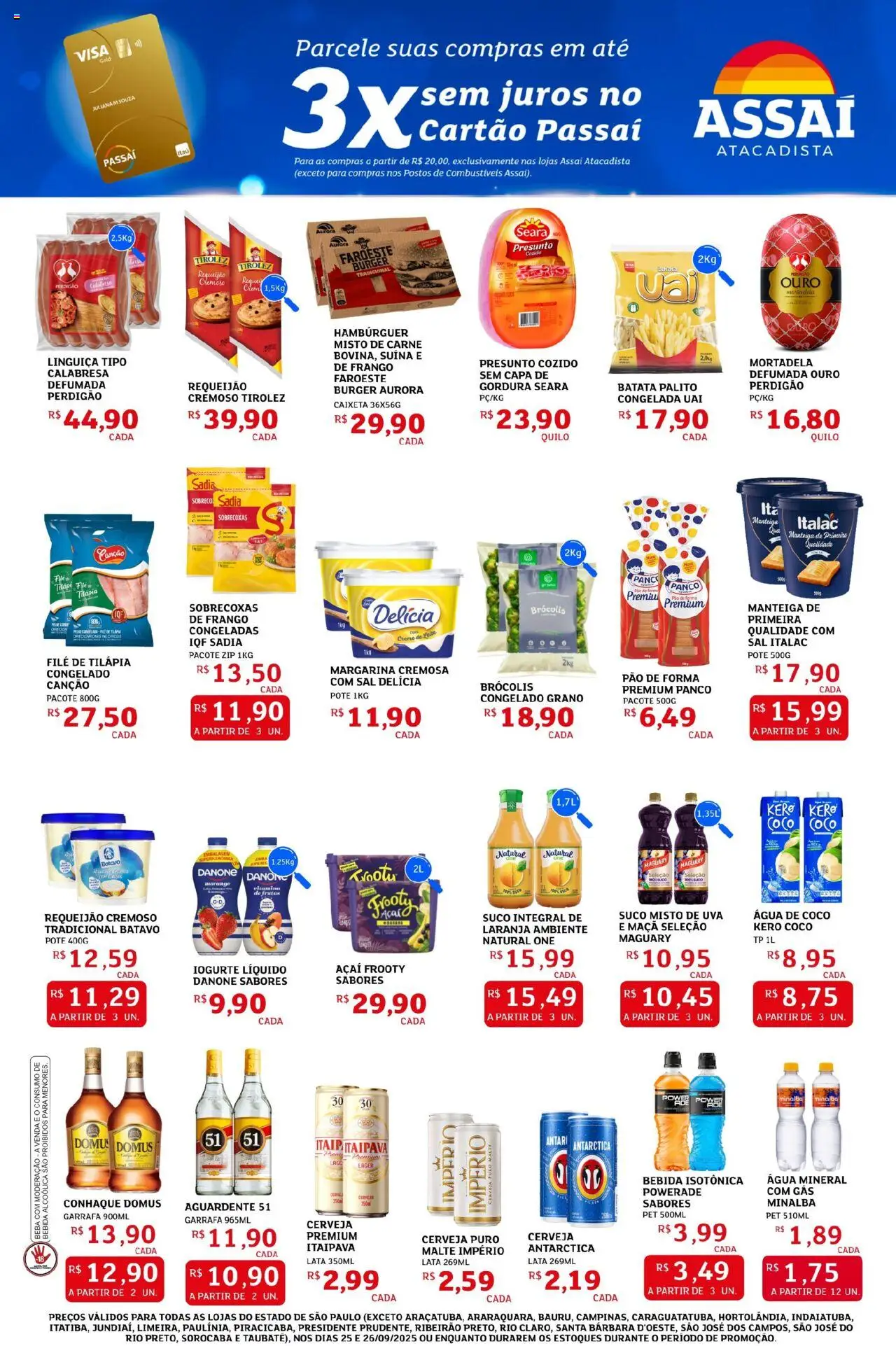 Assaí Atacadista Folheto - válido de 25.09.2025 | Página: 3 | Produtos: Conhaque, Pão, Filé de tilápia, Margarina