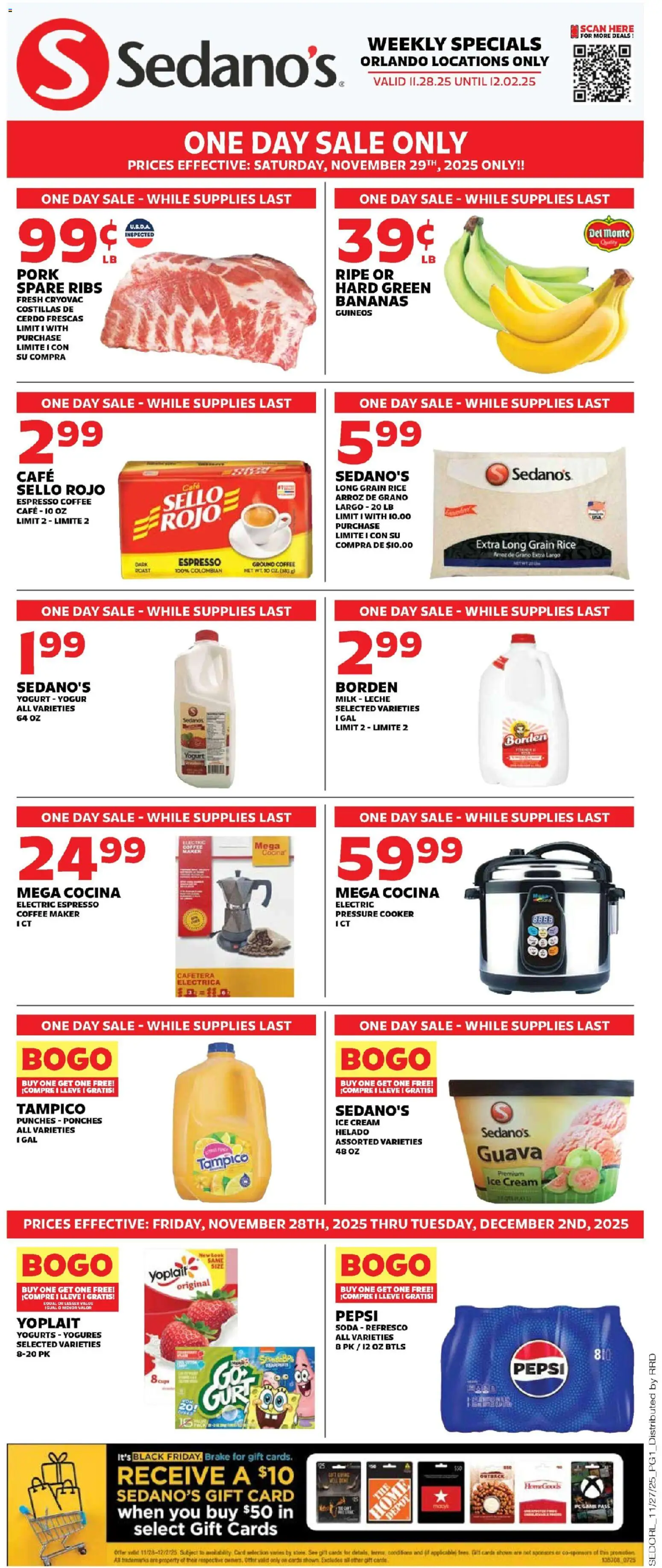 Sedano's Weekly Ad - valid from 28.11.2025 | Page: 1 | Products: Pressure Cooker, Coffee, Cream, Ice cream