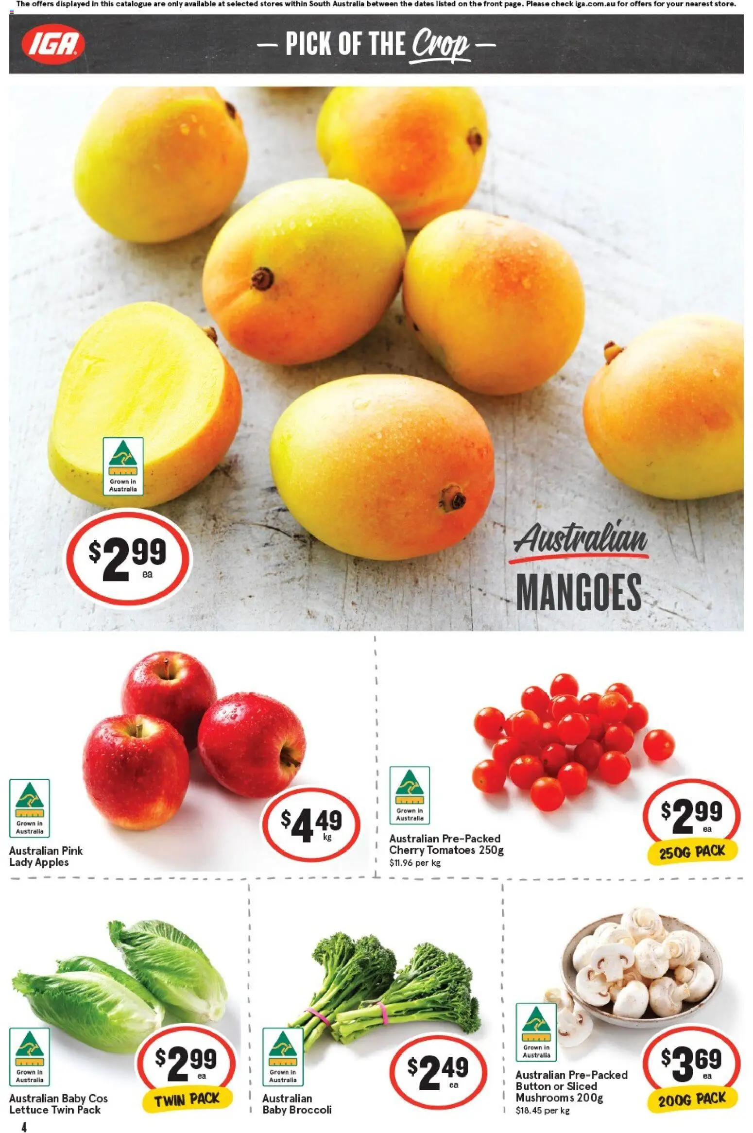 IGA catalogue - valid from 29.10.2025 | Page: 4 | Products: Lettuce, Apples, Tomatoes, Mushrooms
