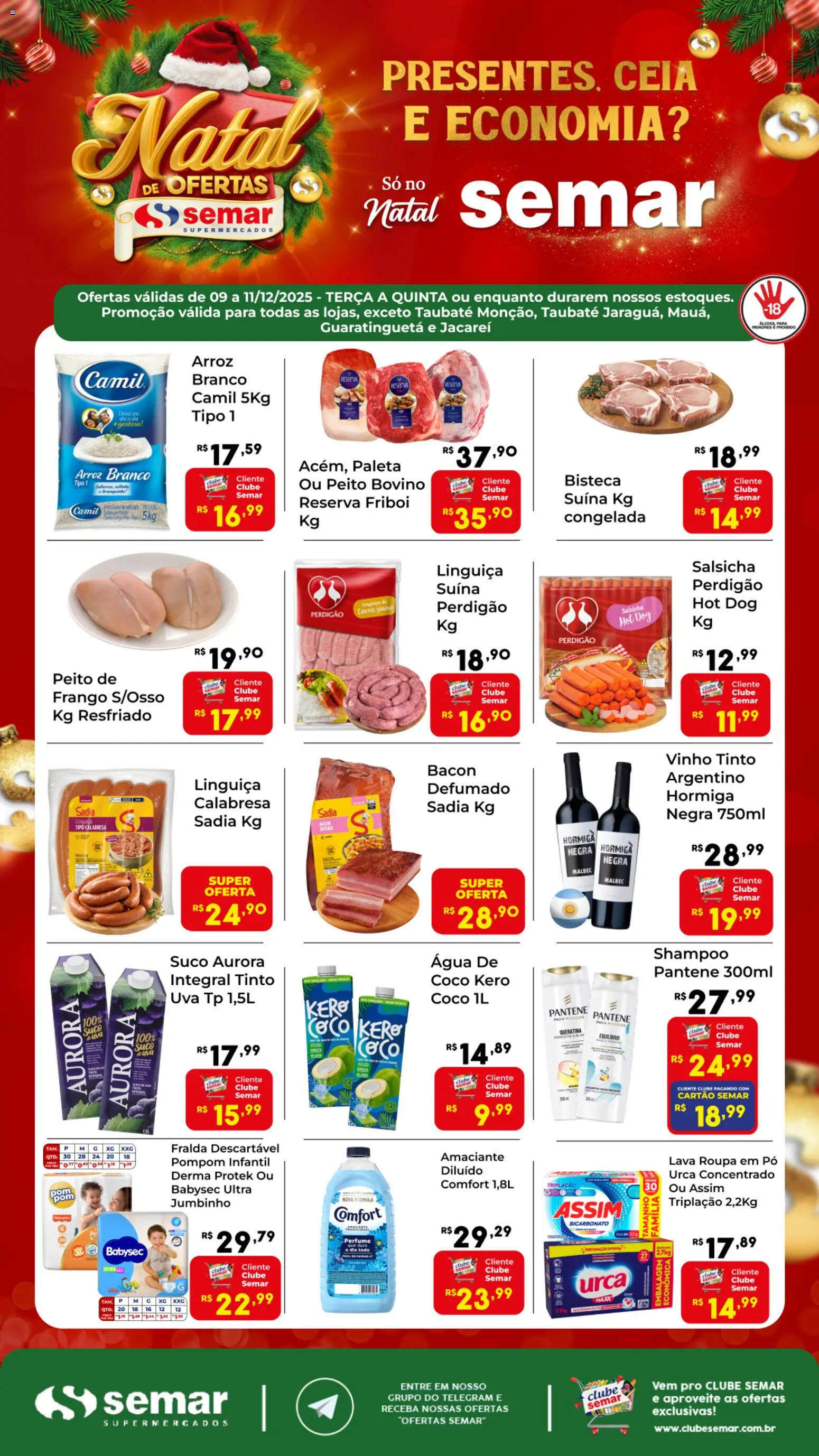 Semar Supermercado Folheto - válido de 09.12.2025 | Página: 1 | Produtos: Salsicha, Vinho, Frango, Amaciante