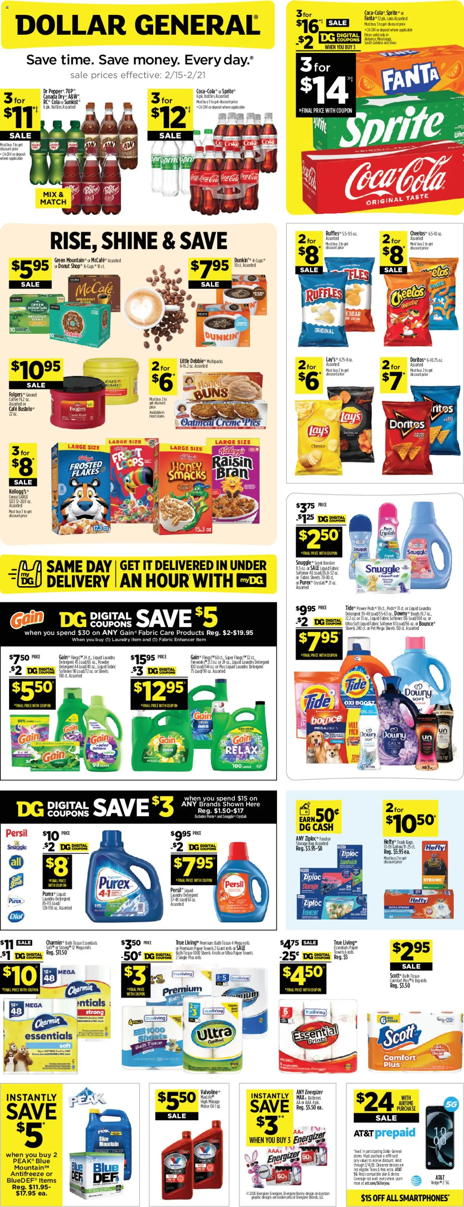 Dollar General Weekly Ad - valid from 15.02.2026 | Page: 1 | Products: Bath, Fabric softener, Cream, Bag