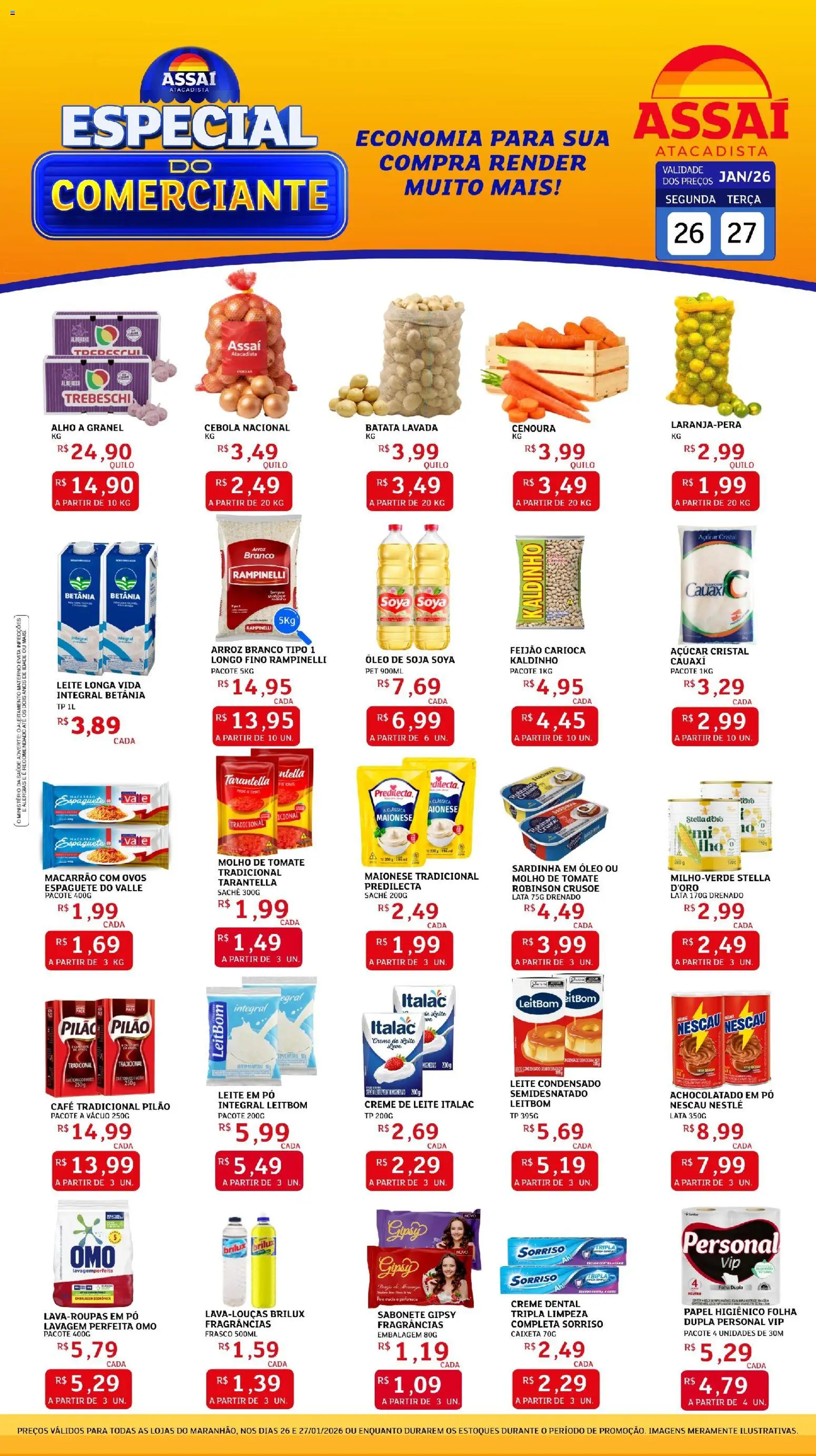Assaí Atacadista Folheto - válido de 26.01.2026 | Página: 1 | Produtos: Cebola, Feijão, Achocolatado, Leite em pó
