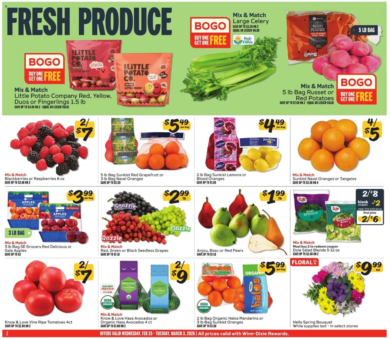 Winn Dixie Weekly Ad - valid from 25.02.2026 | Page: 2 | Products: Mandarins, Spinach, Apples, Salad