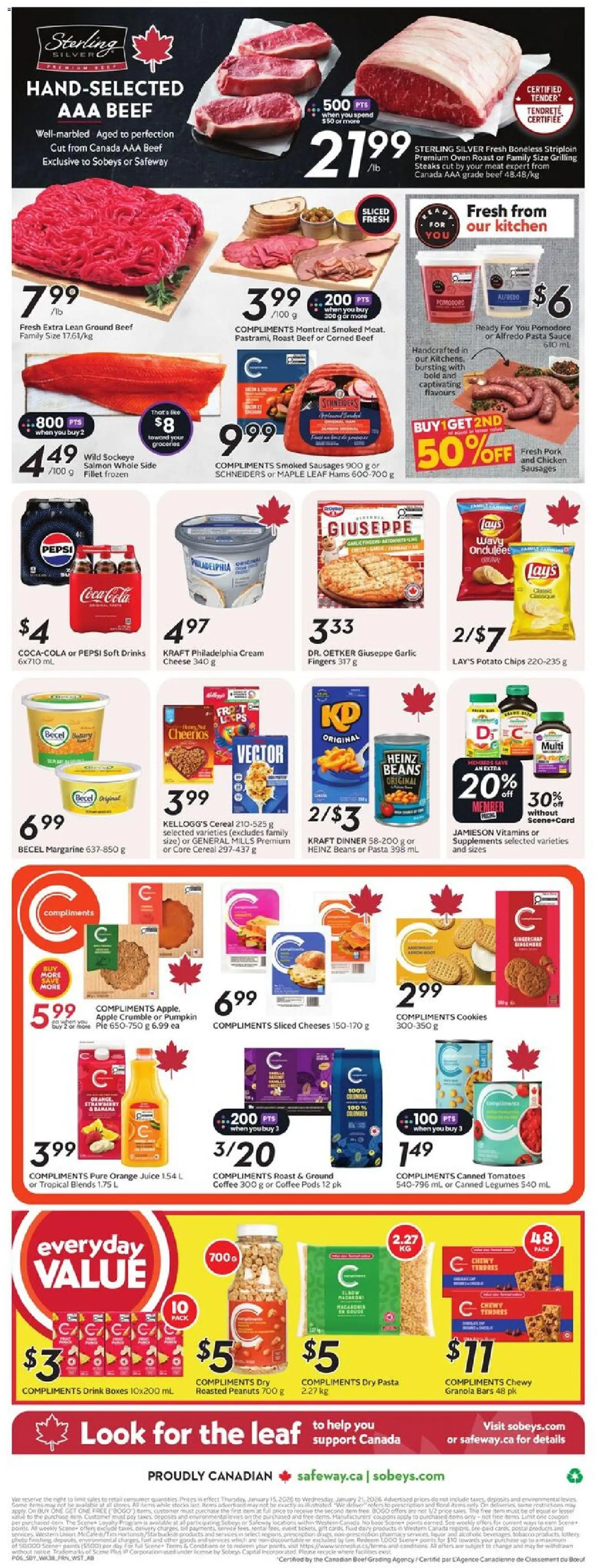 Sobeys flyer valid from 15.01.2026 | Page: 4 | Products: Pasta, Cheese, Pumpkin, Tomatoes