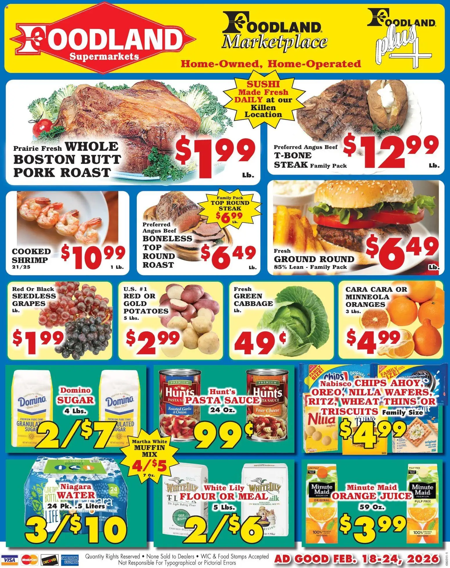 Foodland Weekly Ad - Supermarkets - valid from 18.02.2026 | Page: 1 | Products: Cheese, Juice, Oranges, Chips