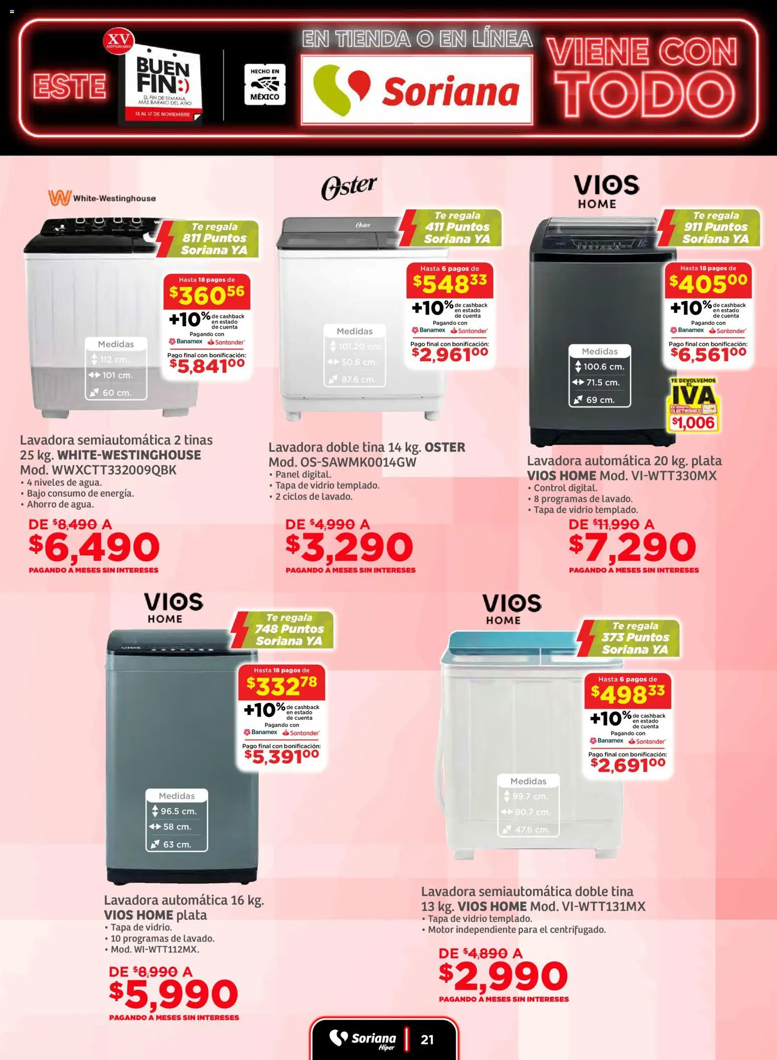 Nuevas ofertas de Soriana válidas en toda la República Mexicana desde el 13.11.2025. ¡Encuentra las mejores ofertas en Soriana Buen Fin ! | Página: 21 | Productos: Lavadora, Té