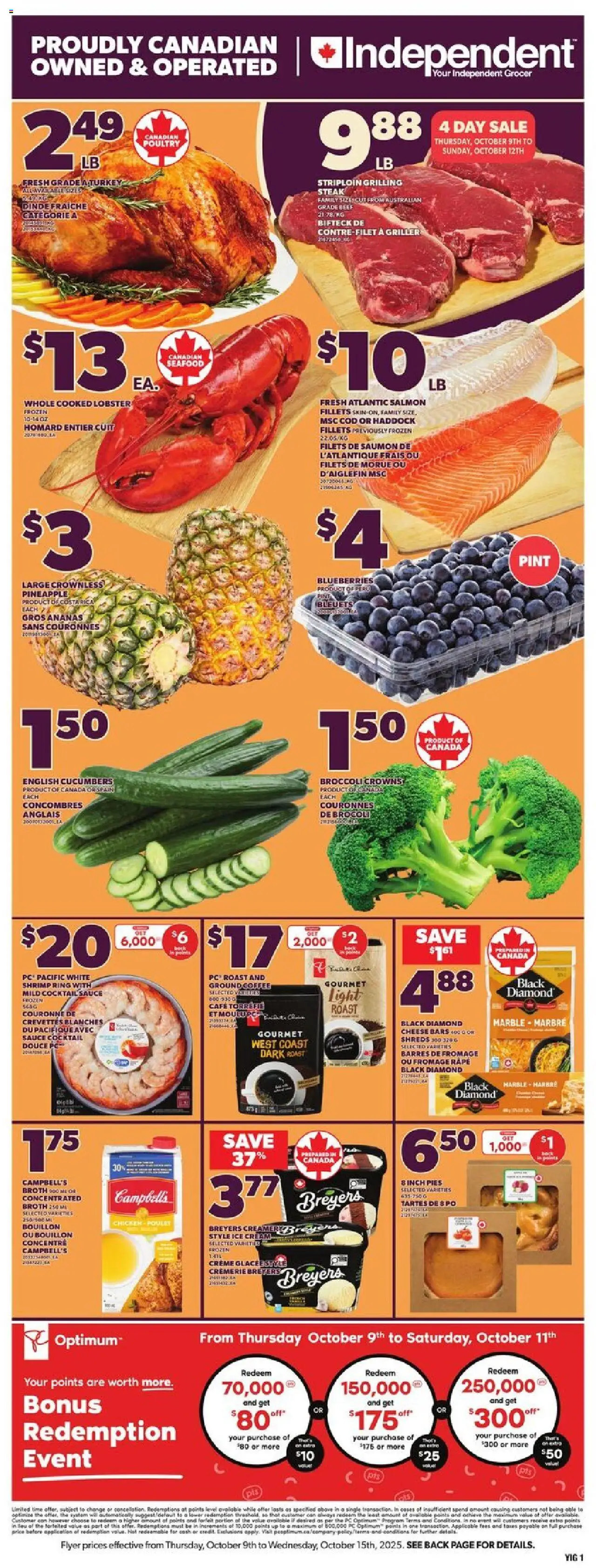 Independent Grocer flyer valid from 09.10.2025 | Page: 3 | Products: Beef, Pineapple, Ice cream, PC
