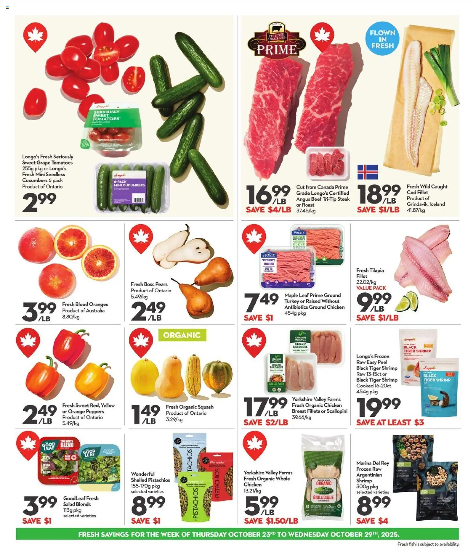 Longo's flyer valid from 23.10.2025 | Page: 5 | Products: Fish, Beef, Cucumbers, Salad