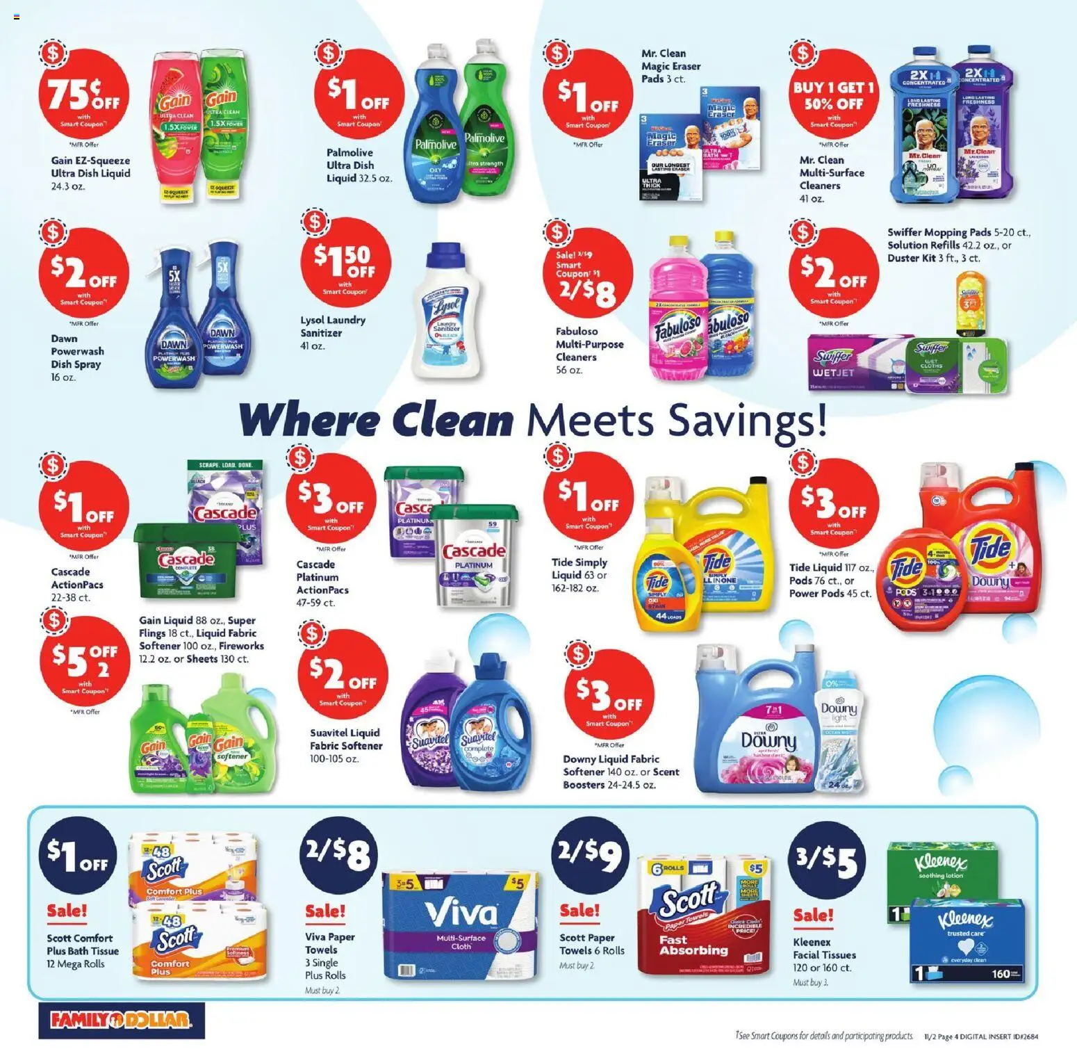 Family Dollar Weekly Ad - valid from 02.11.2025 | Page: 9 | Products: Eraser, Bath, Fabric softener, Pads