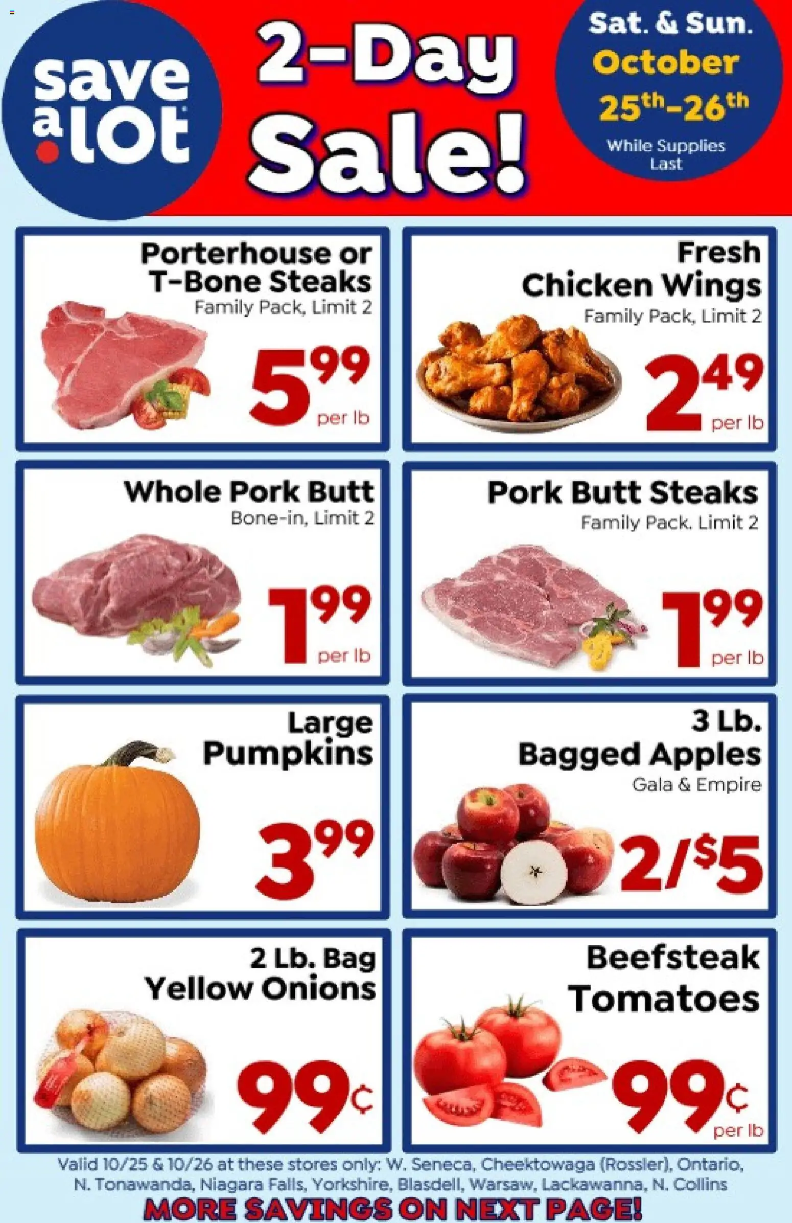 Save a Lot Ad - valid from 25.10.2025 | Page: 1 | Products: Pork, Apples, Tomatoes, Bag