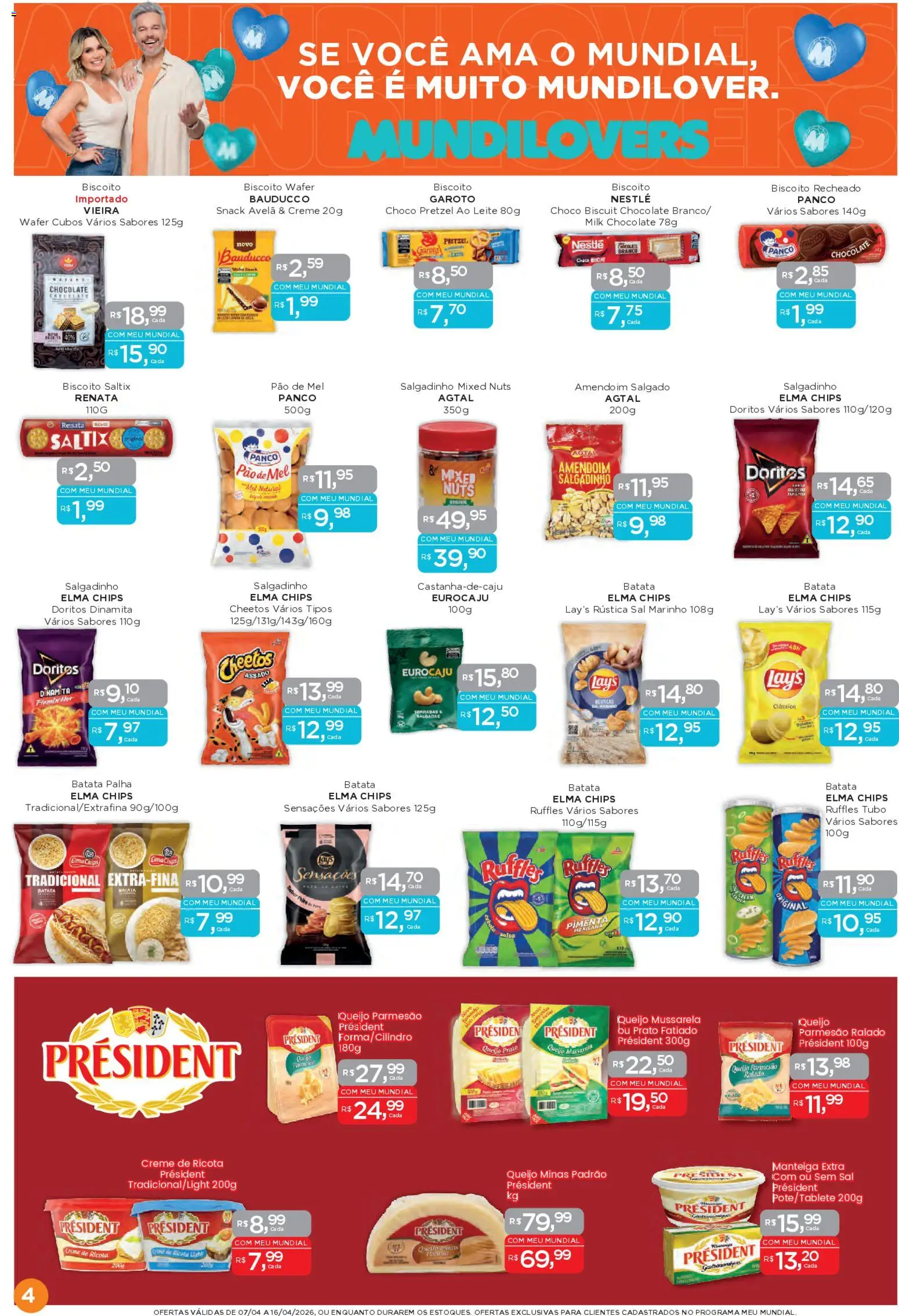 Mundial Folheto - válido de 07.04.2026 | Página: 4 | Produtos: Biscoito, Queijo, Chocolate, Mussarela
