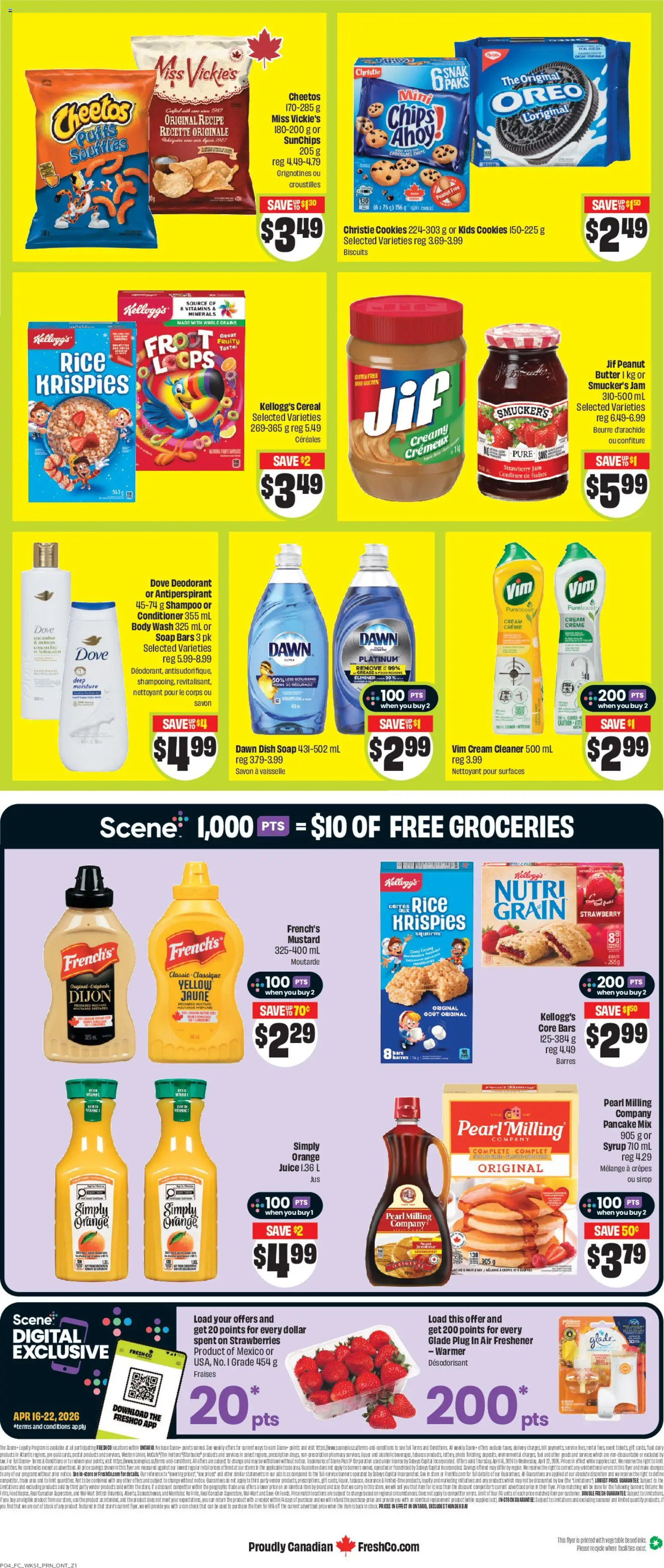 FreshCo flyer valid from 16.04.2026 | Page: 4 | Products: Cookies, Shampoo, Body wash, Table