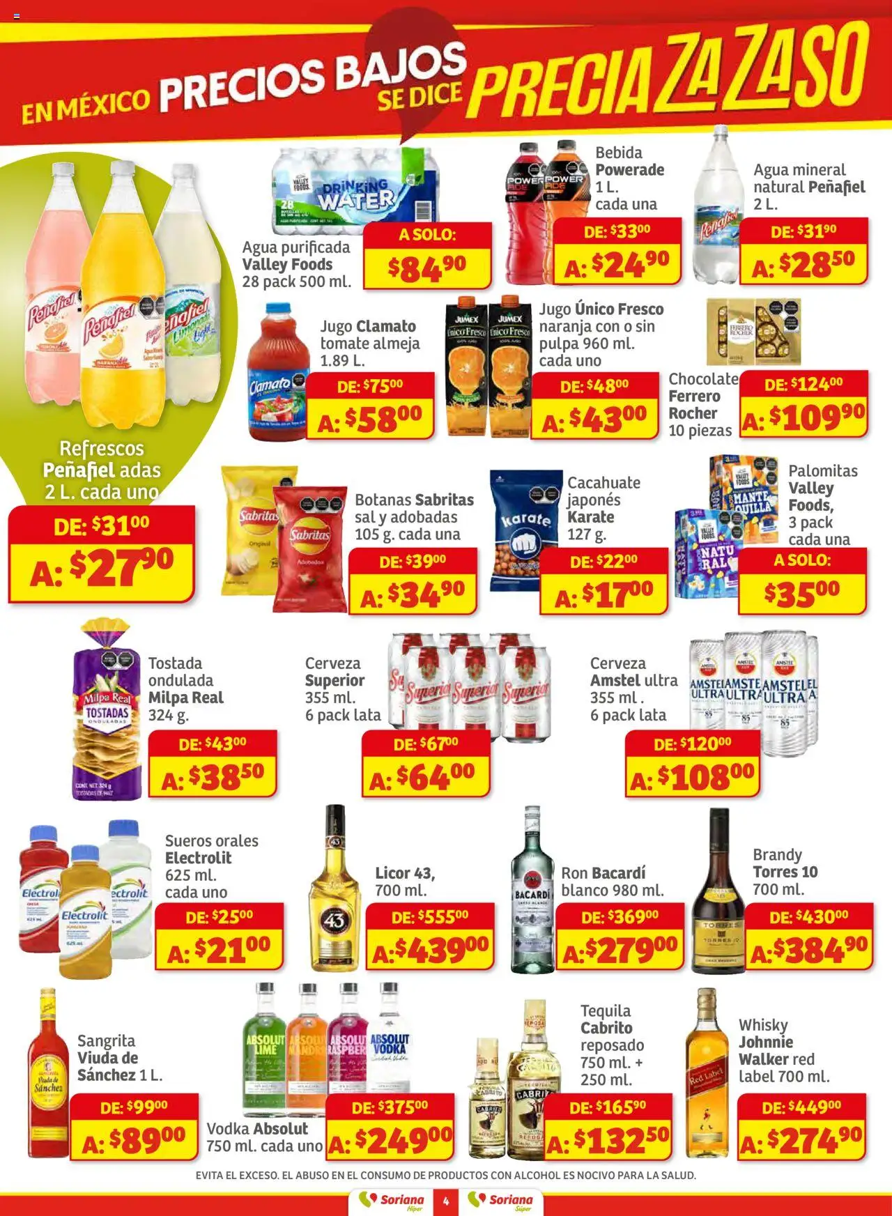 Nuevas ofertas de Soriana válidas en toda la República Mexicana desde el 16.10.2025. ¡Encuentra las mejores ofertas en Soriana - Preciazazaso Híper: Camp, Chia, Oax, Q. Roo, Tab, Yuc! | Página: 4 | Productos: Sal, Jugo, Cerveza, Vodka