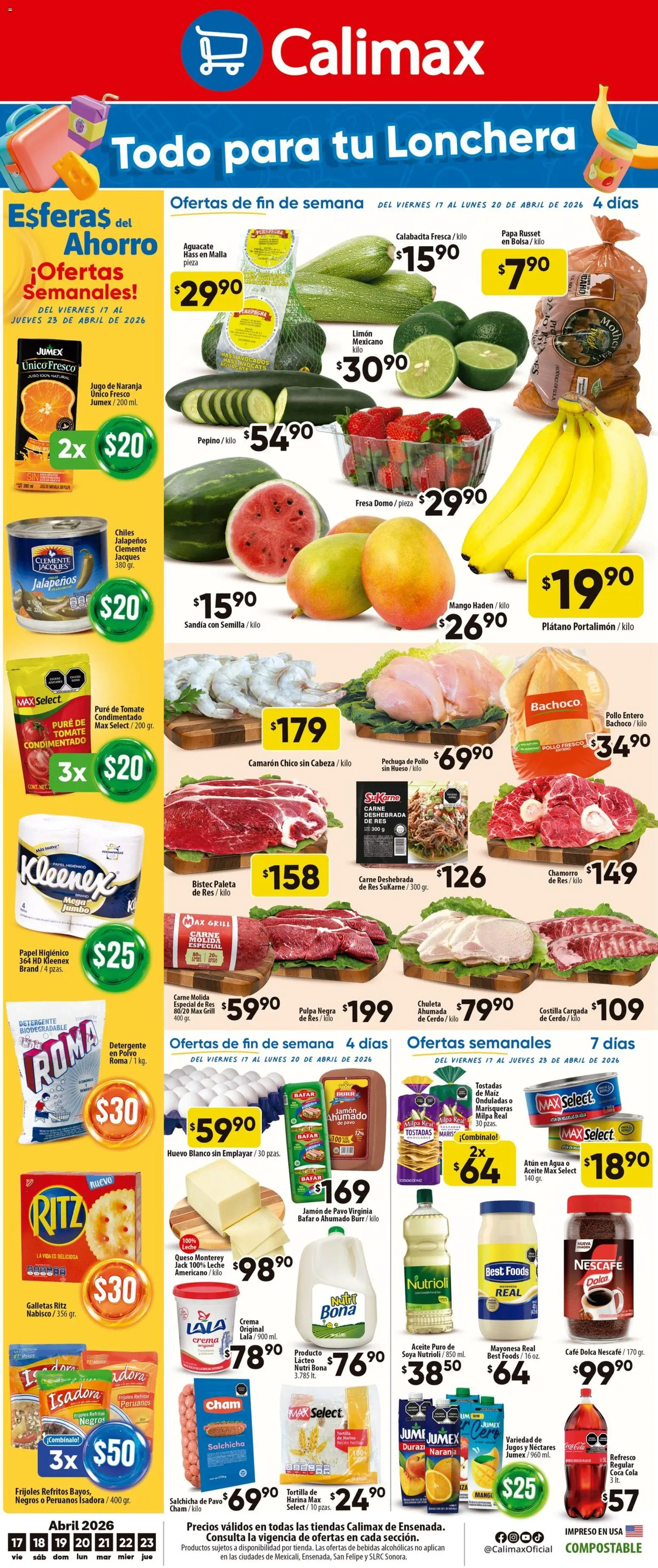 Nuevas ofertas de Calimax válidas en toda la República Mexicana desde el 17.04.2026. ¡Encuentra las mejores ofertas en Calimax folleto Ensenada! | Página: 1 | Productos: Pollo, Plátano, Detergente, Limón