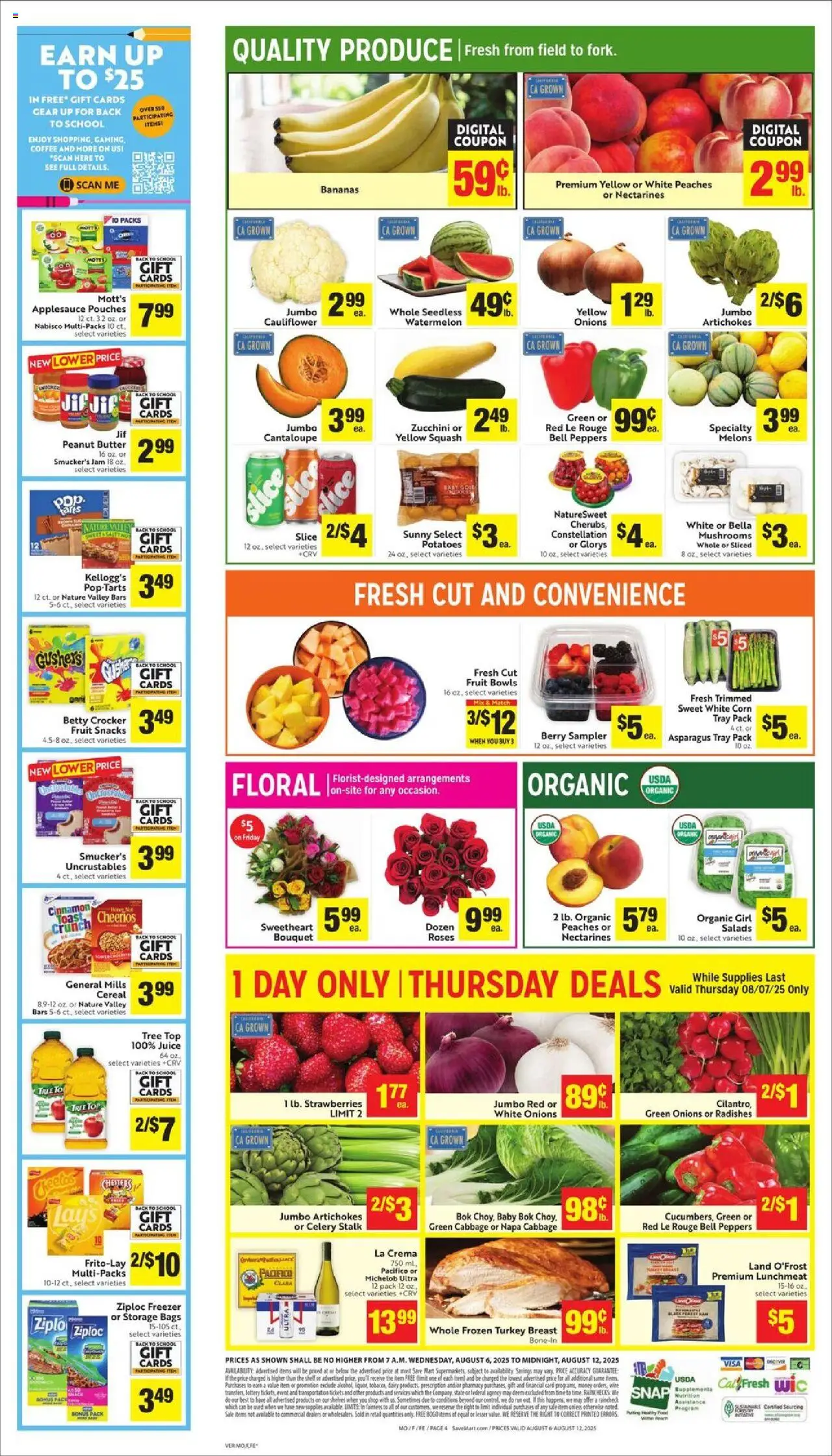 Save Mart Weekly Ad - valid from 06.08.2025 | Page: 4 | Products: Squash, Juice, Wine, Strawberries