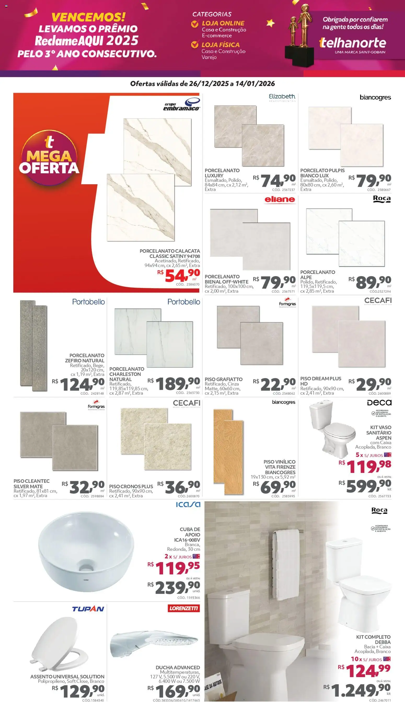 Telhanorte Folheto - válido de 26.12.2025 | Página: 2 | Produtos: Piso, Porcelanato, Vaso, Cuba