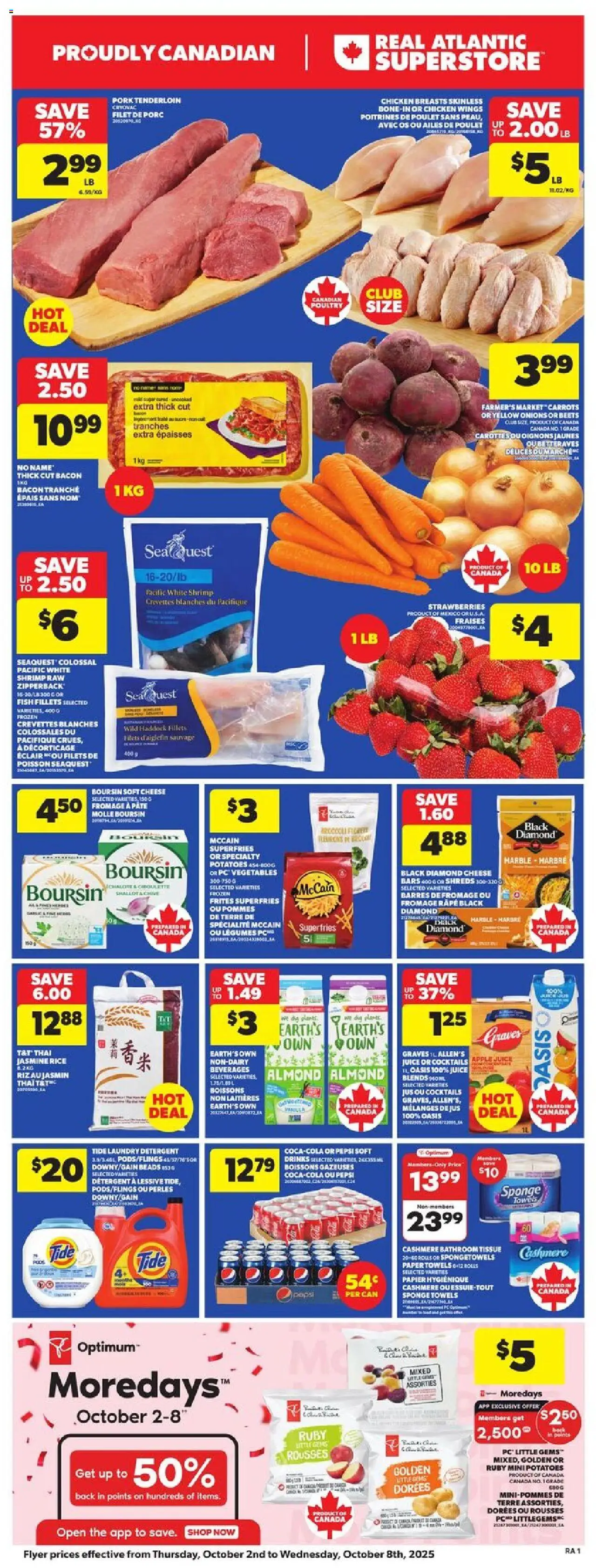 Atlantic Superstore flyer valid from 02.10.2025 | Page: 3 | Products: Strawberries, Chicken breasts, Detergent, Cheese