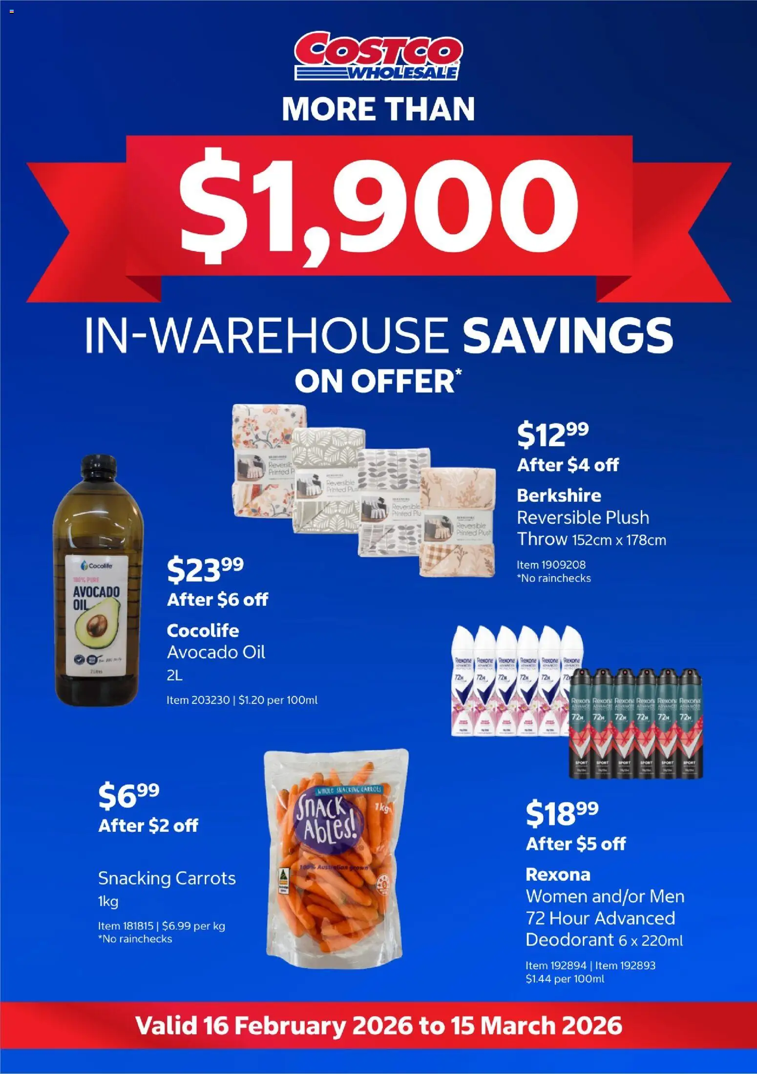 Costco catalogue - valid from 16.02.2026 | Page: 1 | Products: Oil, Deodorant, Carrots, Avocado