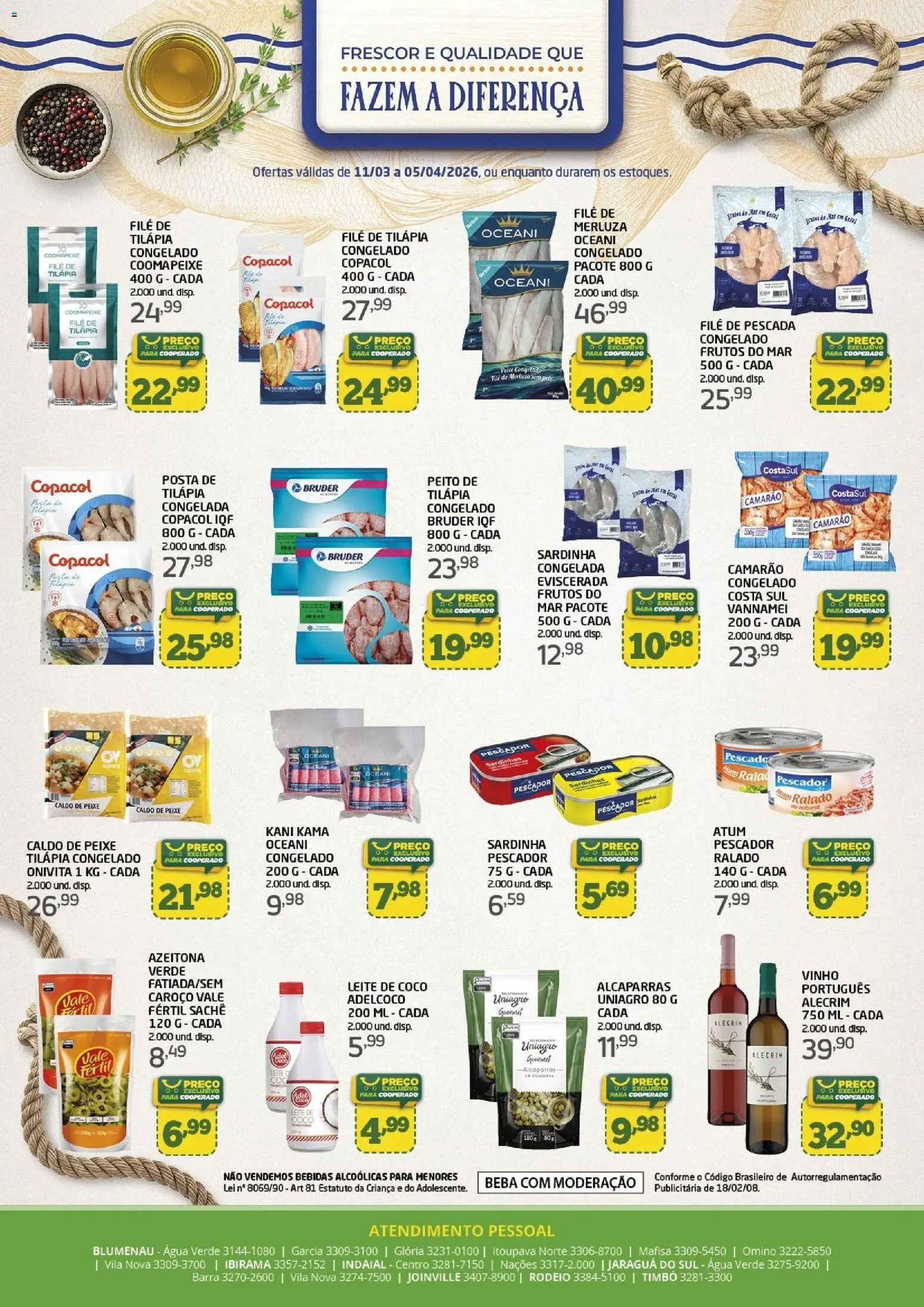 Cooper Folheto - válido de 11.03.2026 | Página: 2 | Produtos: Leite, Camarão, Frutos do mar, Filé de tilápia