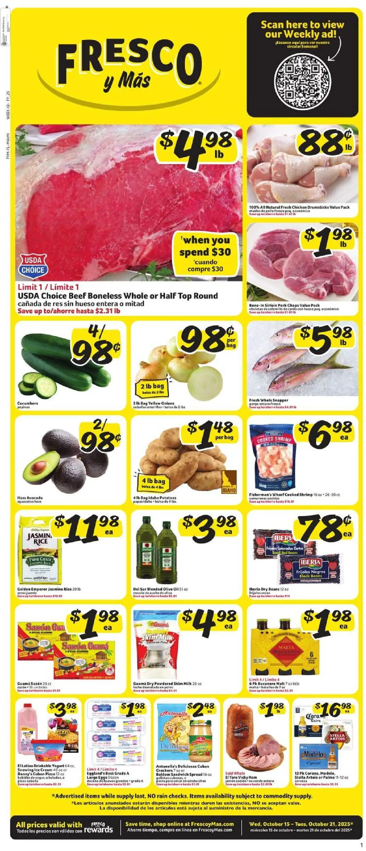 Fresco y Más Weekly Ad - valid from 15.10.2025 | Page: 1 | Products: Eggs, Oil, Pork, Cream