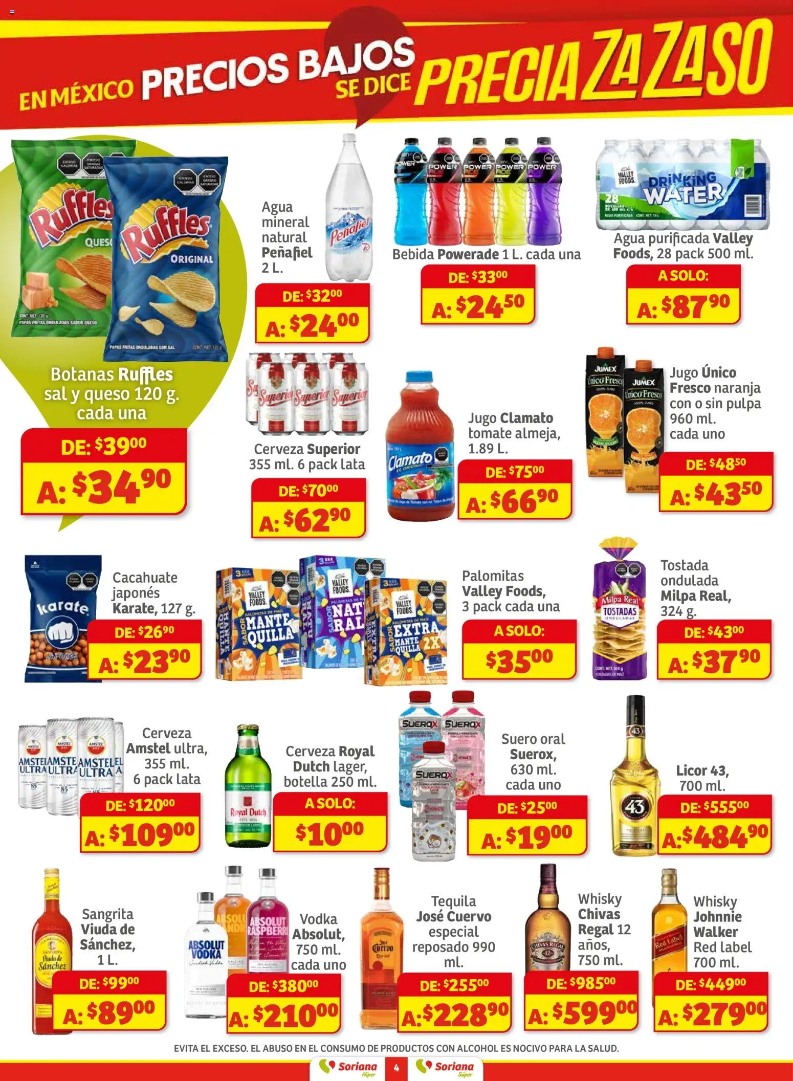 Nuevas ofertas de Soriana válidas en toda la República Mexicana desde el 27.11.2025. ¡Encuentra las mejores ofertas en Soriana - Preciazazaso Híper: Frontera Chia, Q. Roo! | Página: 4 | Productos: Sal, Cacahuate, Tomate, Tequila