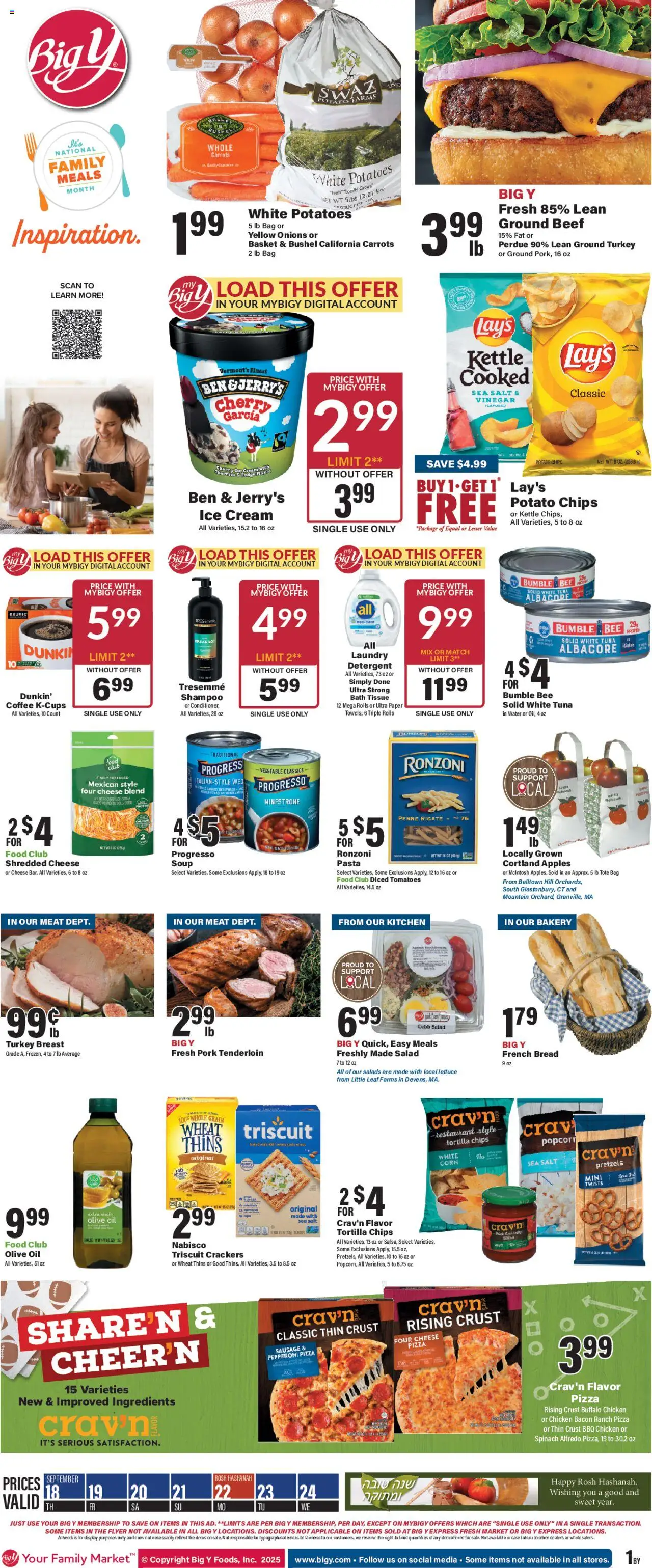 Big Y Weekly Ad - valid from 18.09.2025 | Page: 1 | Products: Pizza, Tomatoes, Flakes, Ice cream