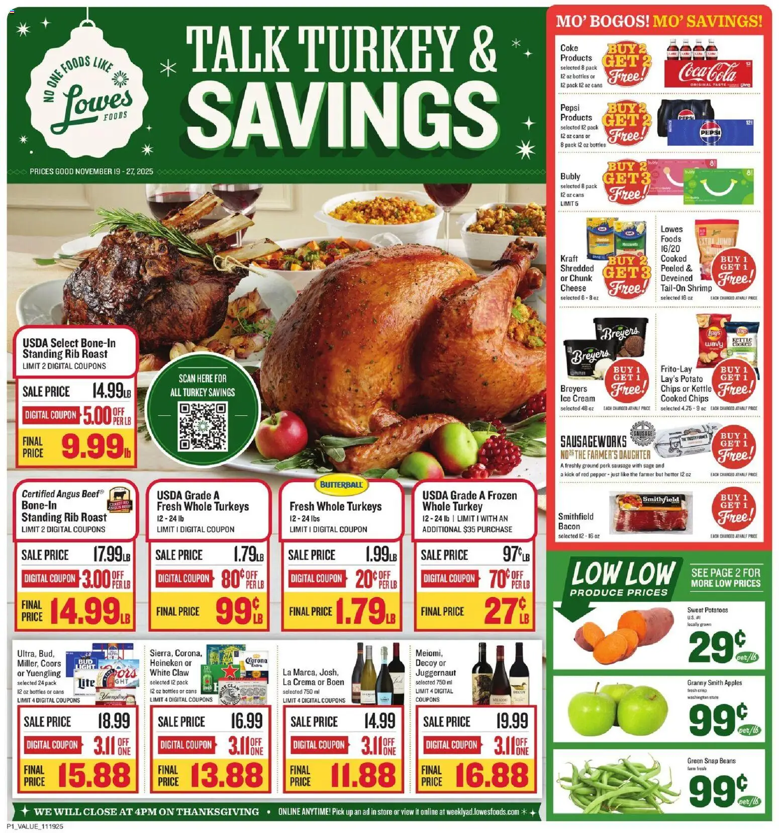 Lowes Foods Weekly Ad - NC - valid from 19.11.2025 | Page: 1 | Products: Apples, Beef, Chips, Cream