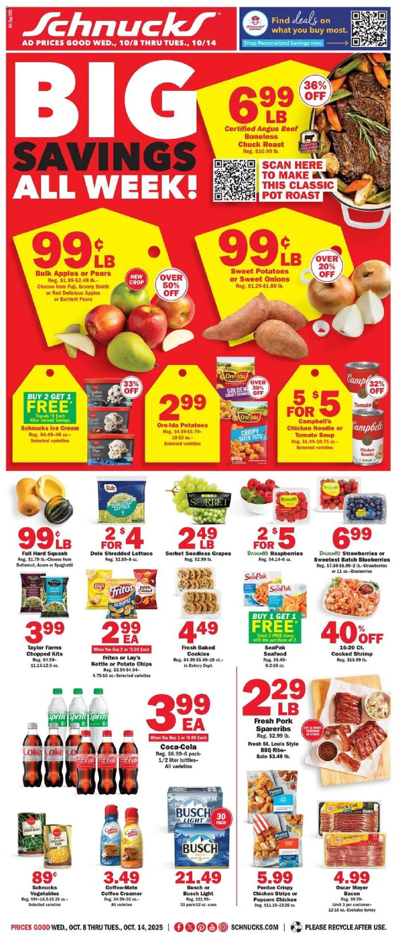 Schnucks Ad - valid from 08.10.2025 | Page: 1 | Products: Cookies, Potatoes, Seafood, Kettle