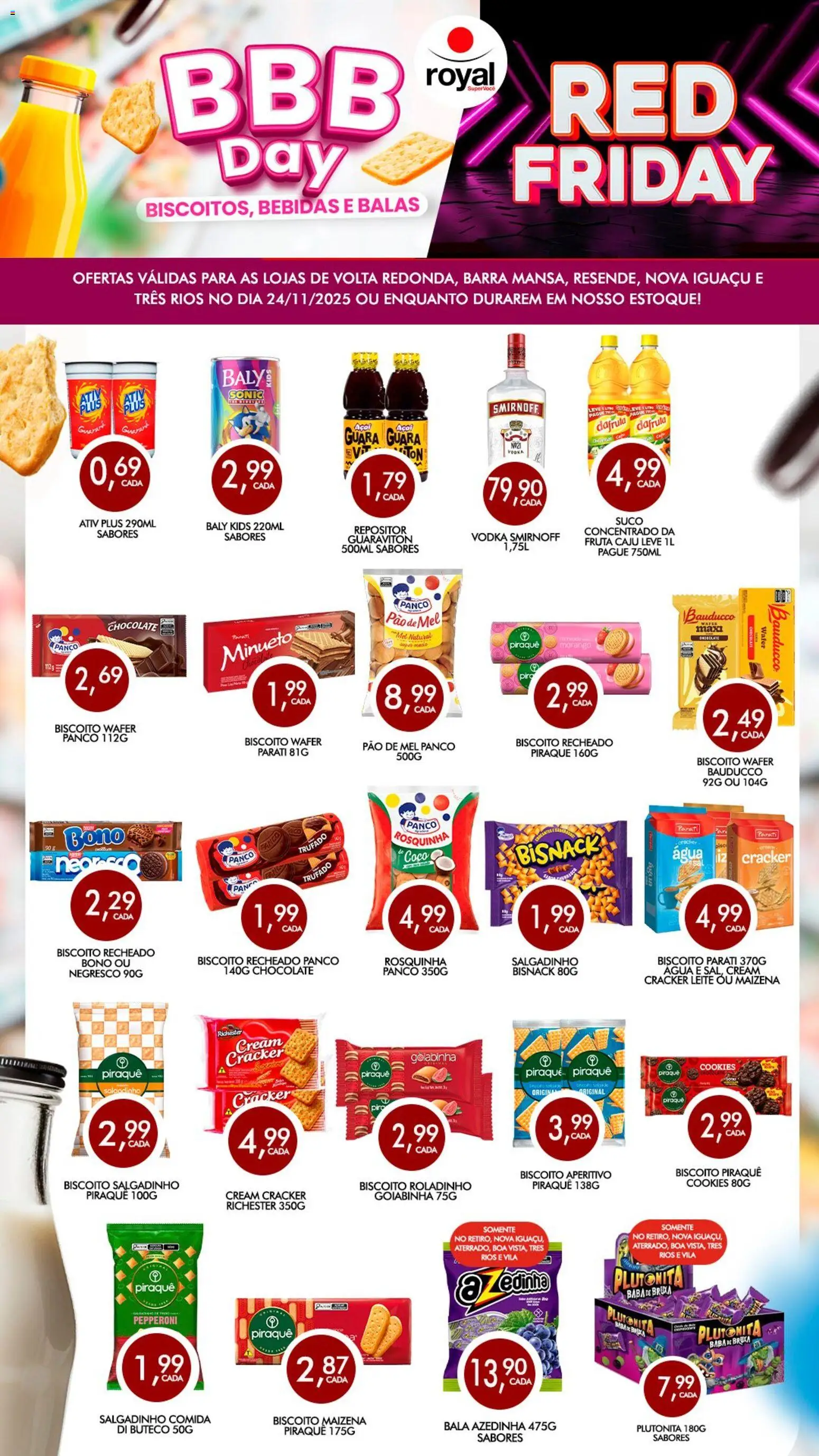 Royal Supermercados Folheto - válido de 24.11.2025 | Página: 1 | Produtos: Leite, Vodka, Cookies, Bala